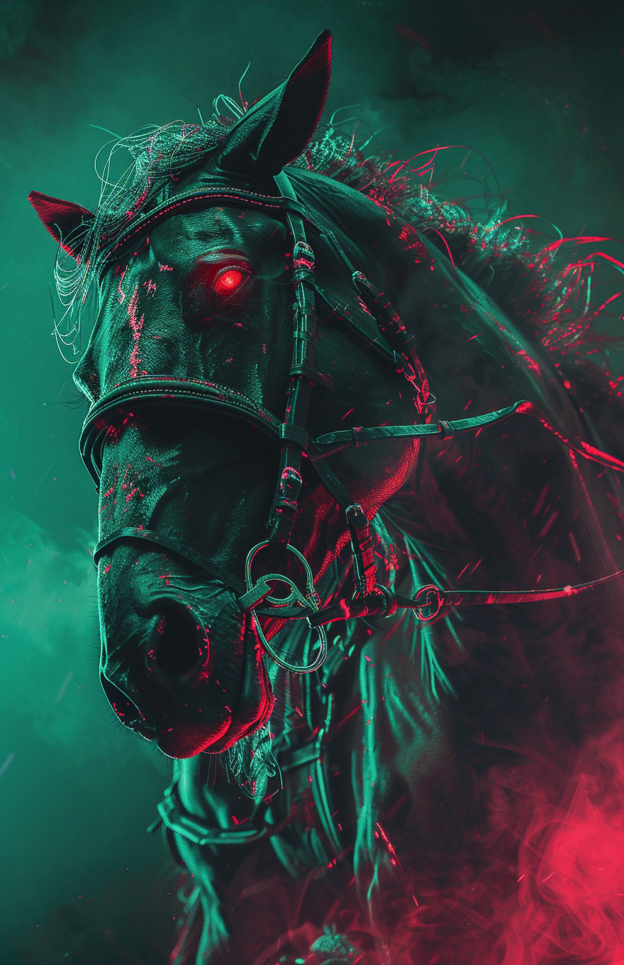 a drawing of a horse with glowing eyes, emo outfits, in the style of dan mumford, dark gray and red, 32k uhd, viktor vasnetsov, necronomicon illustrations, noriyoshi ohrai, realistic color schemes --ar 83:128 --v 6 - Midjourney