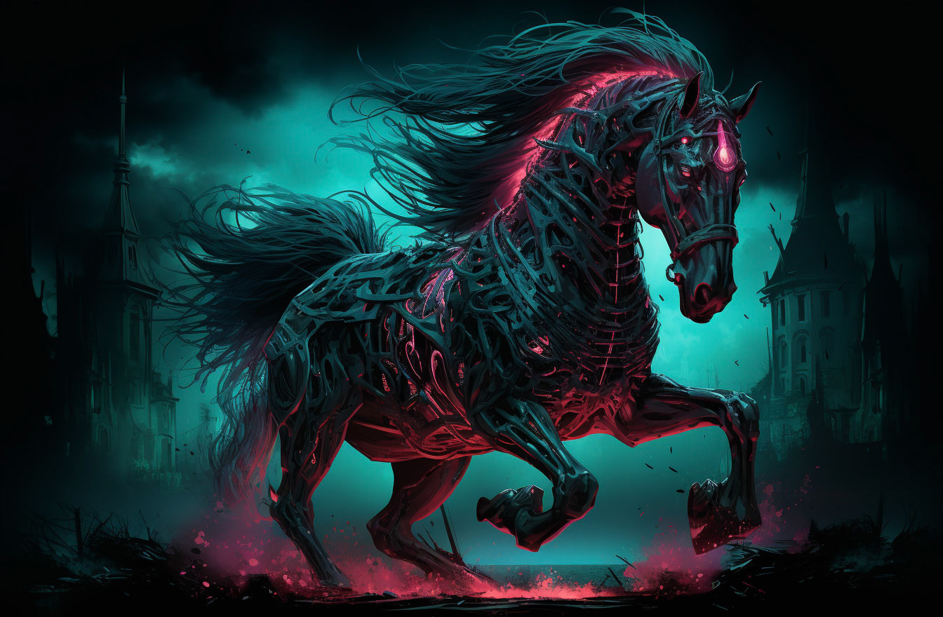 a red horse with blue eyes and glowing a pink light behind it, in the style of macabre illustrations, dark green and light cyan, cinematic scenes, hyper-detailed illustrations, cypherpunk, green and crimson, gothic atmosphere --ar 32:21 - Midjourney