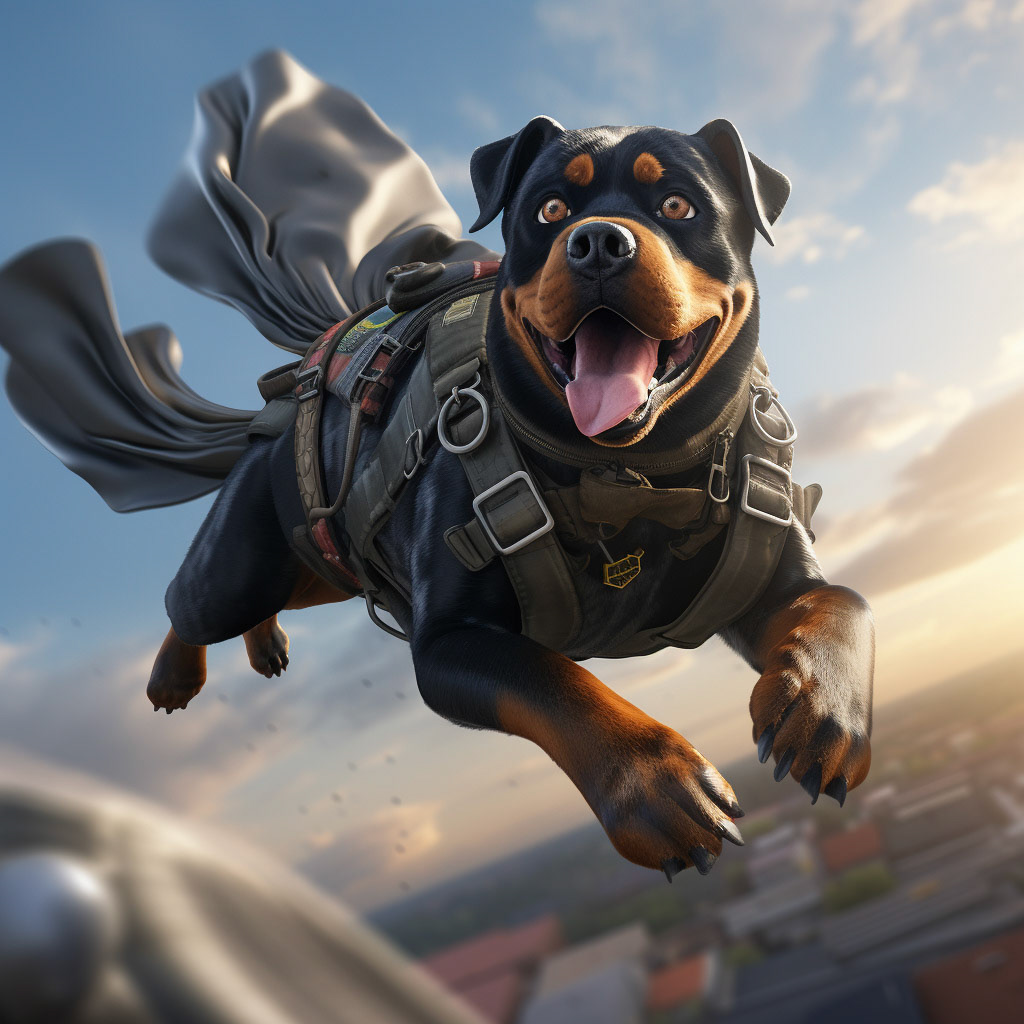 create surreal 3d comic scene with a rottweiler that jump into the sky as a base jumper with the equipment of a base jumper 300mm f/5.8, frogperspective, pixar studio style, playful expressions, perspective rendering, 4k