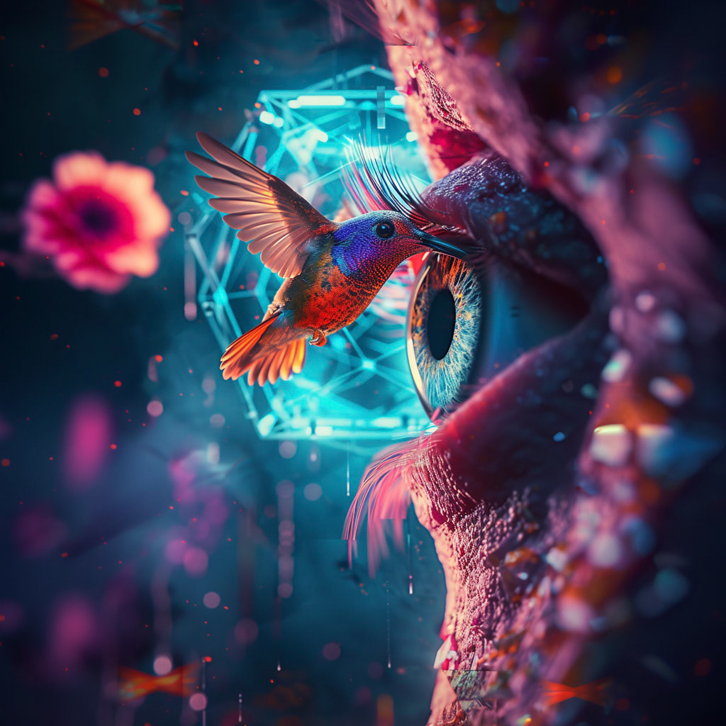 A geodesic structure in the shape of a human eye, with a bird taking flight from the pupil. The scene is vibrant and dynamic, with a touch of the extraordinary. Rendered in a vivid, imaginative style. --v 6 - Midjourney