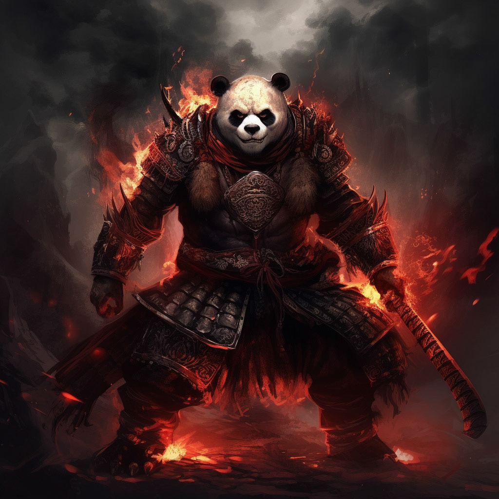 a warrior panda like the game character "kratos" the god of war. surreal creepy dark souls atmosphere with macabre figures, the suround is in flame.Midjourney