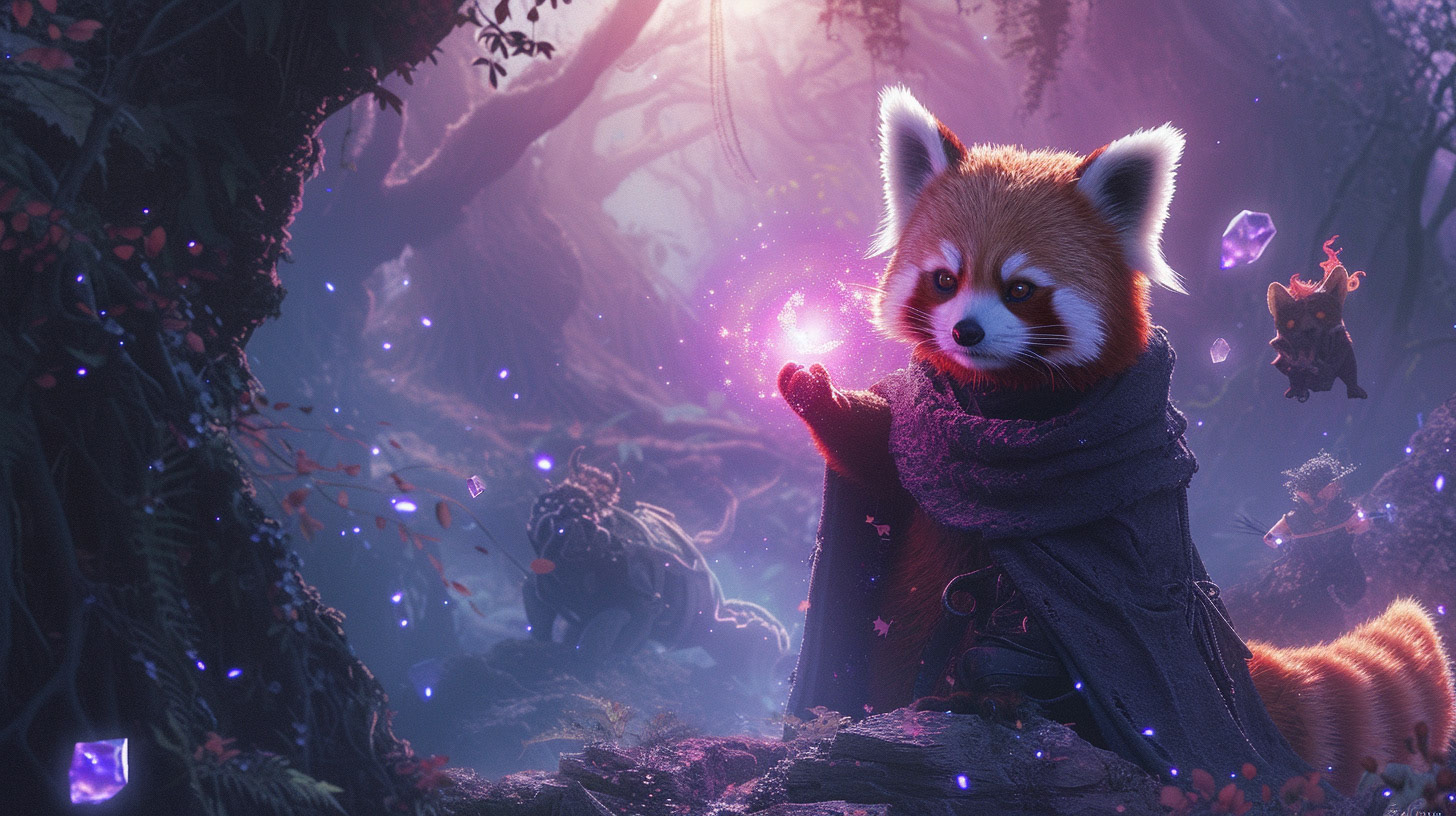 A red panda in a wizard's cloak casting spells in an enchanted forest, surrounded by magical creatures. The scene is illuminated by the mystical light of the spells, with ancient trees and floating crystals. Created Using: magical light effects, enchanted forest setting, whimsical magical creatures, detailed wizard cloak, vibrant spell colors, ancient tree textures, floating crystals, mystical and adventurous atmosphere --ar 16:9 --v 6Midjourney