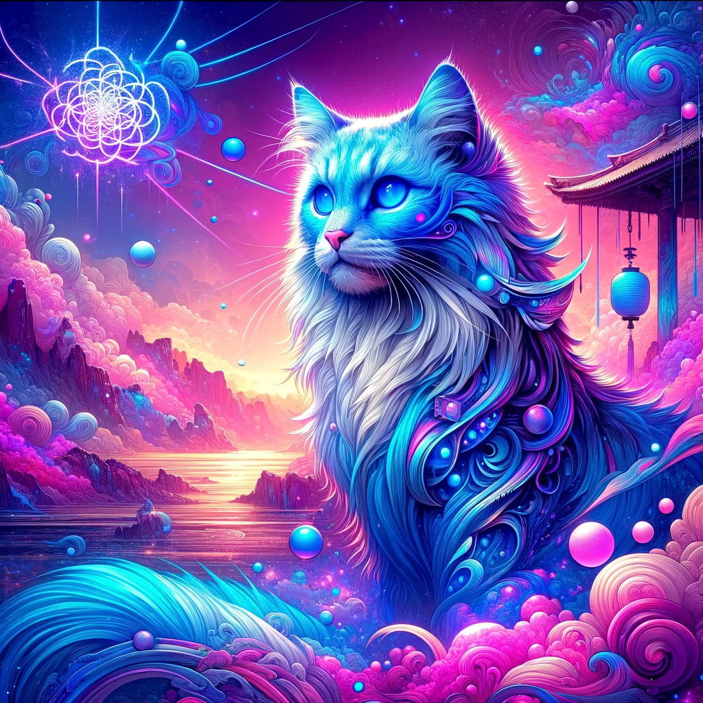 "A majestic cat with neon blue fur, standing tall in a mystical landscape with a predominant pink mood. The surreal style, inspired by ukiyo-e prints and modern anime, features vibrant pink tones in the environment, with floating elements and ethereal plants."