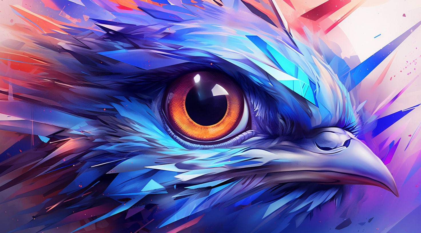 an image the eye of someone with a bird flying over it, in the style of vibrant futurism, low poly, mixes realistic and fantastical elements, violet and blue, focus on joints/connections, hyper-realistic animal illustrations, uhd image --ar 28:71 - Midjourney