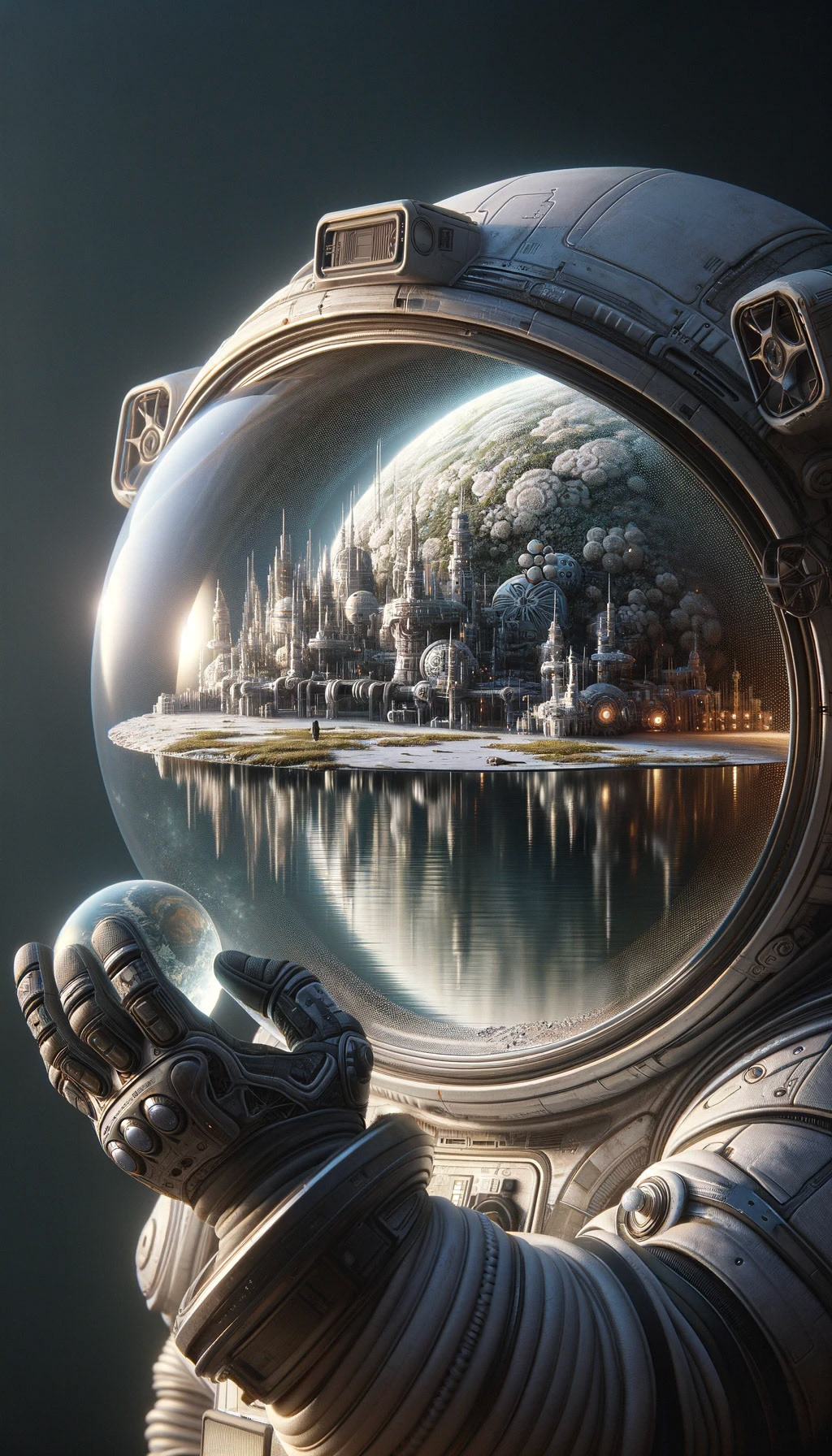 A massive astronaut helmet in the foreground, reflecting a star-studded cosmos, encases a tiny, detailed city showcasing a fascinating blend of futuristic and ancient architecture