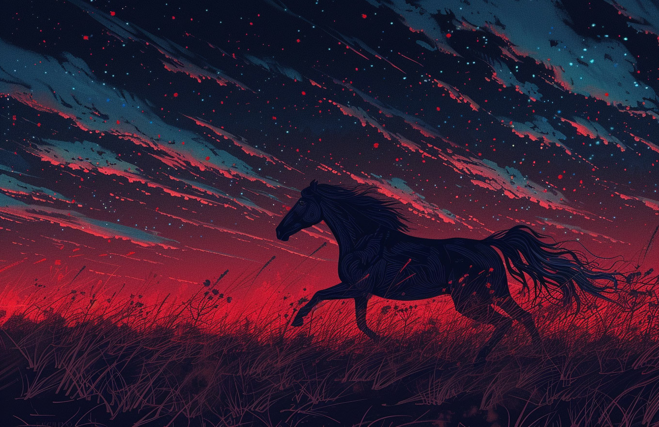 horse running in red and blue night sky with stars, in the style of gothic illustration, hyper-detailed illustrations, black paintings, angura kei, detailed character illustrations, hyper-realistic animal illustrations, dark black and crimson --ar 128:83 --v 6 - Midjourney
