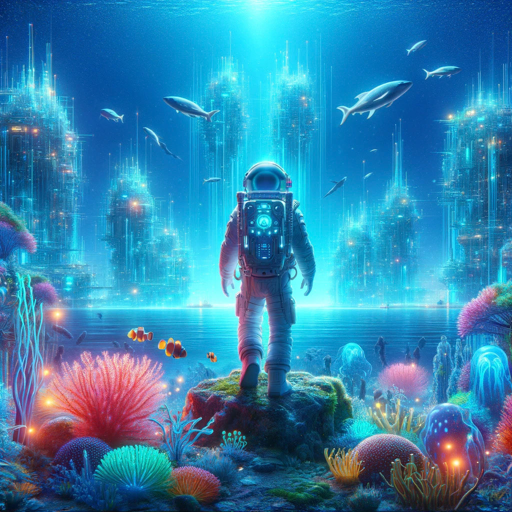 "Hyperrealistic 3D depiction of an astronaut exploring a futuristic underwater city, surrounded by shimmering sea creatures and vibrant coral reefs, creating an atmosphere of awe and discovery."