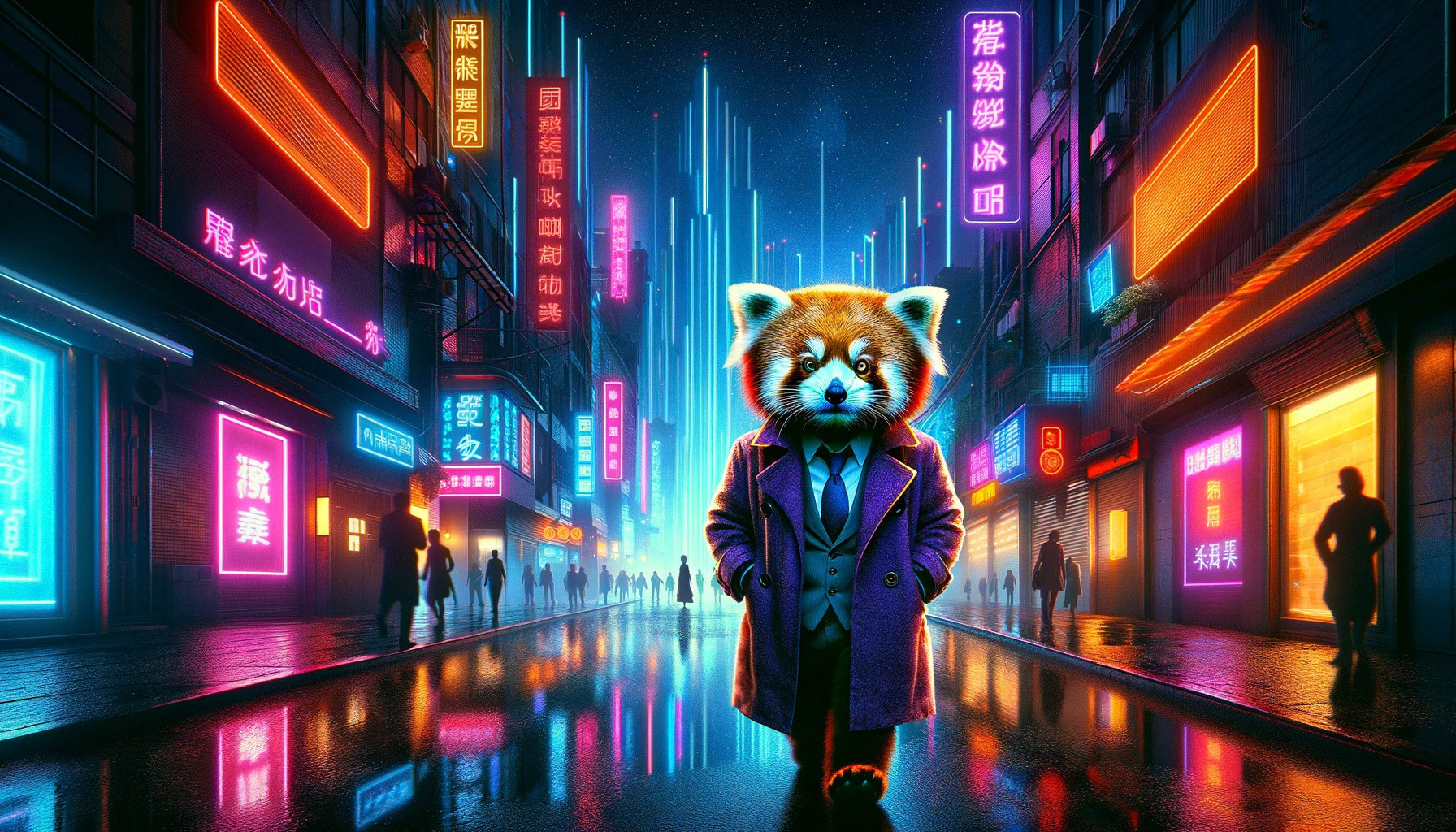 A red panda dressed as a detective, wandering the neon-lit streets of a futuristic city. The scene blends elements of noir with cyberpunk aesthetics, featuring reflective rain-soaked pavements and towering holograms. Created Using: neon glow, cyberpunk cityscape, noir-inspired detective attire, reflective surfaces, nighttime ambiance, vibrant color contrasts, dynamic urban environment, playful character in a serious setting --ar 16:9Dall-E