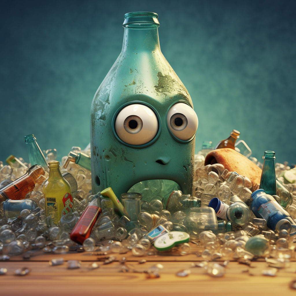 a pet bottle in the oceon with comic eyes. the bottle is surrounded by other pet bottles and they all are damaged. some are broken and some has papers in the bottle. the scene is like a pixar film 1990