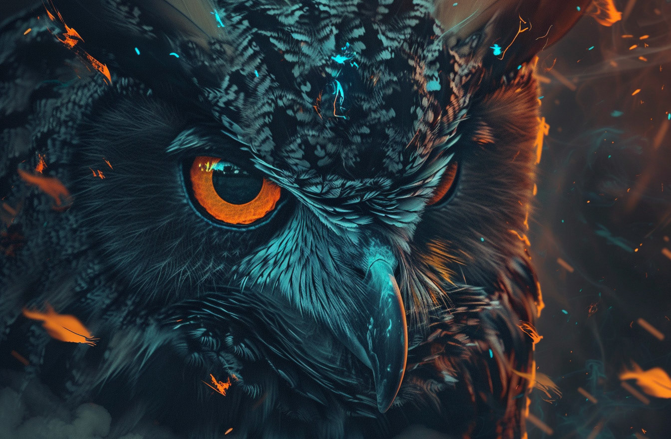 an old drawing of a black colored owl with orange eyes and blue eyes, in the style of cyril rolando, explosive wildlife, uhd image, aleksi briclot, dark and chaotic, neo-mosaic, emotional intensity --ar 32:21 --v 6 - Midjourney