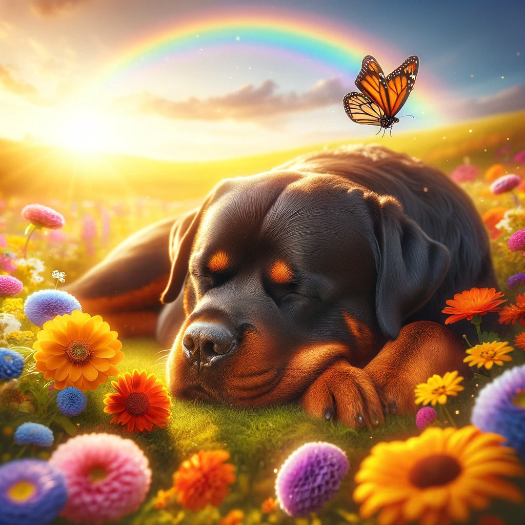 a single rottweiler is lying in flowers while the sunshine is shining on his body, the dog sleeps and has closed eyes, colorful flowers, sunshine