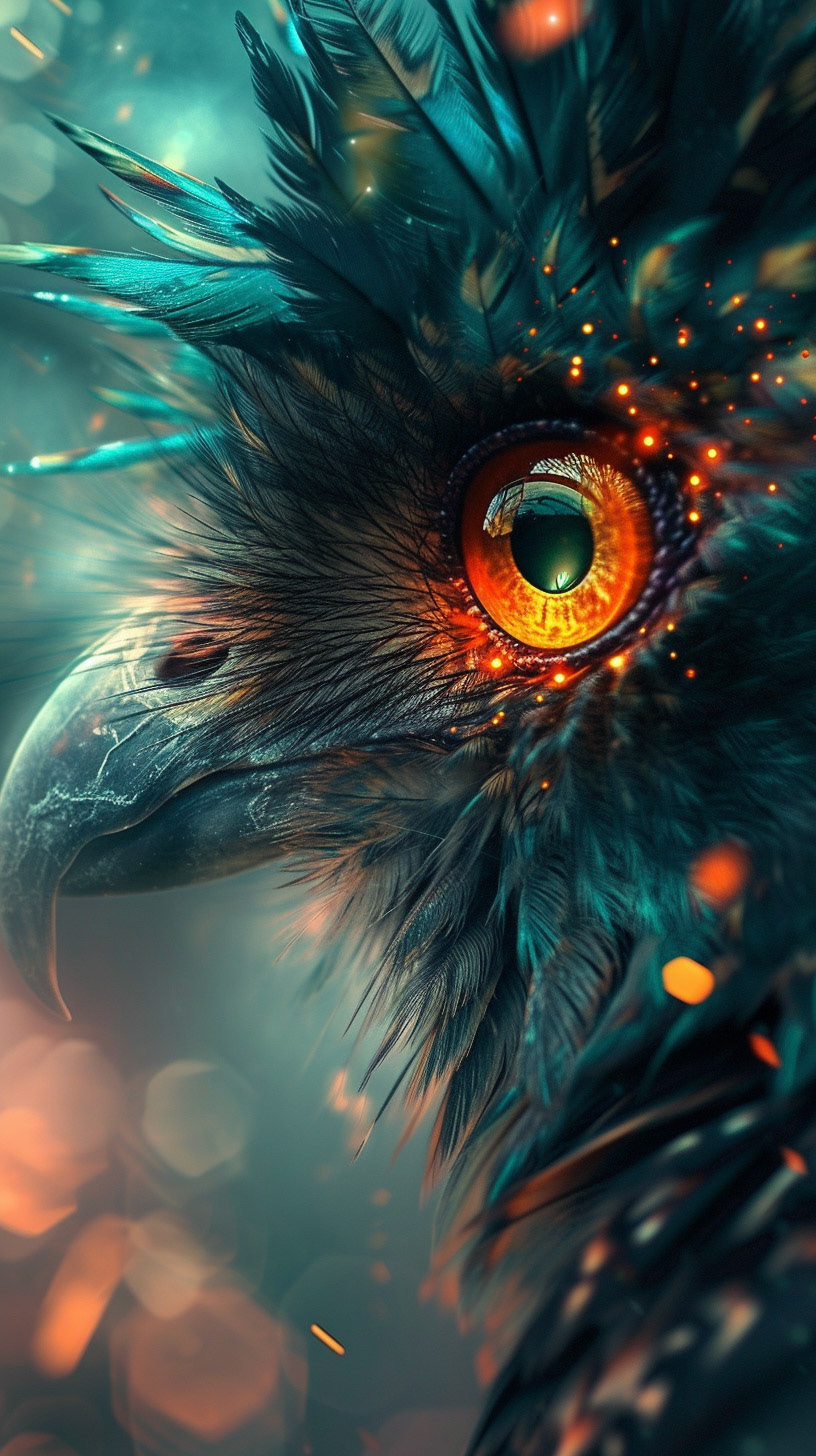 an abstract bird, fokus on the eye, with colorful lights, in the style of hyperrealistic, surrealism, smokey background, dreamlike portraiture, turquoise and orange, eye-catching composition, uhd image, detailed character illustrations --ar 9:16 --v 6- Midjourney