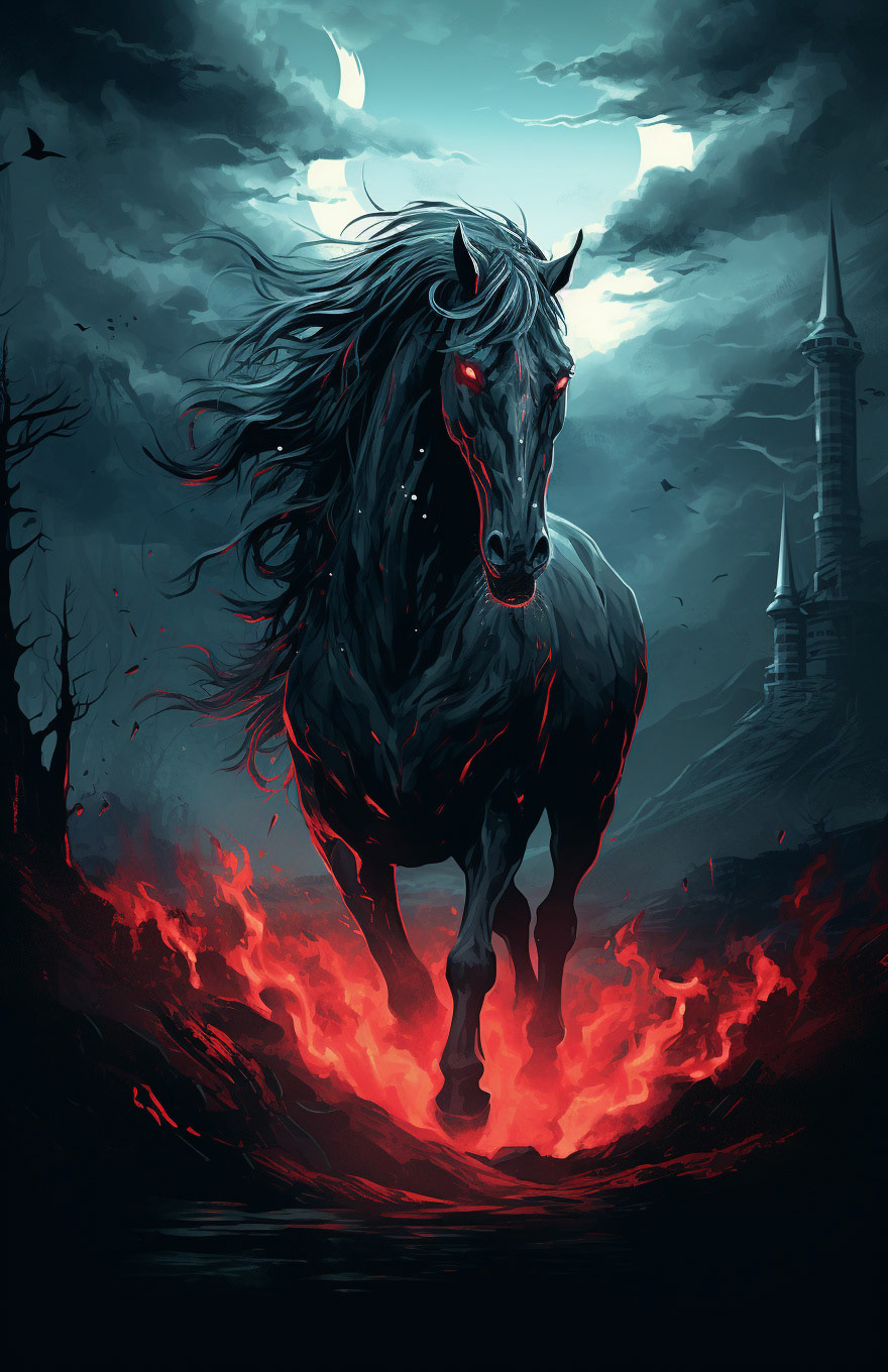 an illustration of an old dark horse on the moon, in the style of dark cyan and light crimson, neonpunk, magali villeneuve, nightmare, dark and intricate, yasuhiro nightow, light black and crimson --ar 83:128 - Midjourney