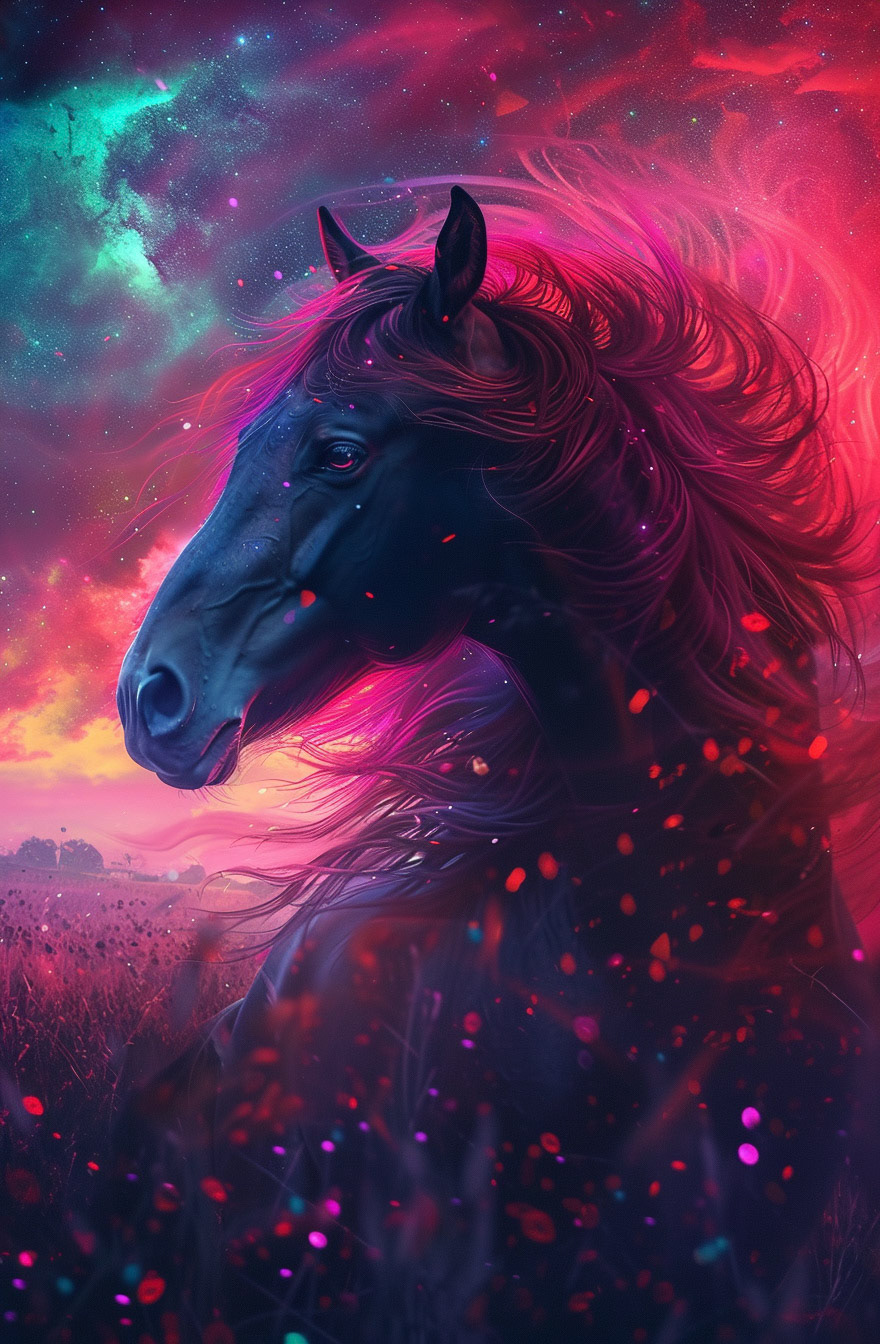 a dark horse in a field full of stars, in the style of futuristic chromatic waves, red and crimson, witchcore, graffiti-inspired animals, dragoncore, glowing colors, caninecore --ar 21:32 --v 6 - Midjourney