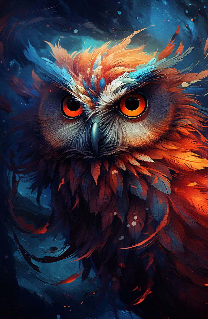 blue, orange and red abstract illustration of an owl that has a large open eye, in the style of caras ionut, speedpainting, 2d game art, oleg shuplyak, realistic lighting, liam wong, 32k uhd - Midjourney