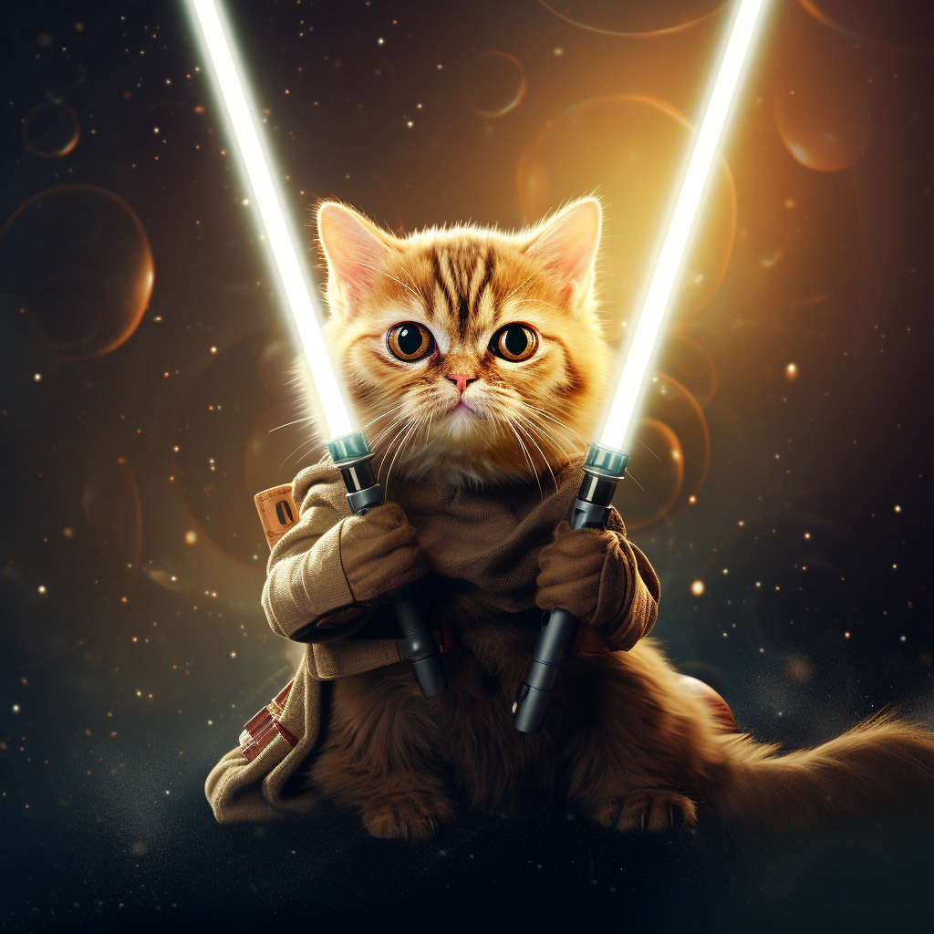star wars cats style, jedi cats, holding orange light sword, space backgrund with nebula, highly detailed curling swirls, glowing colours with typography text "may the meow with you", typography, 3d render,