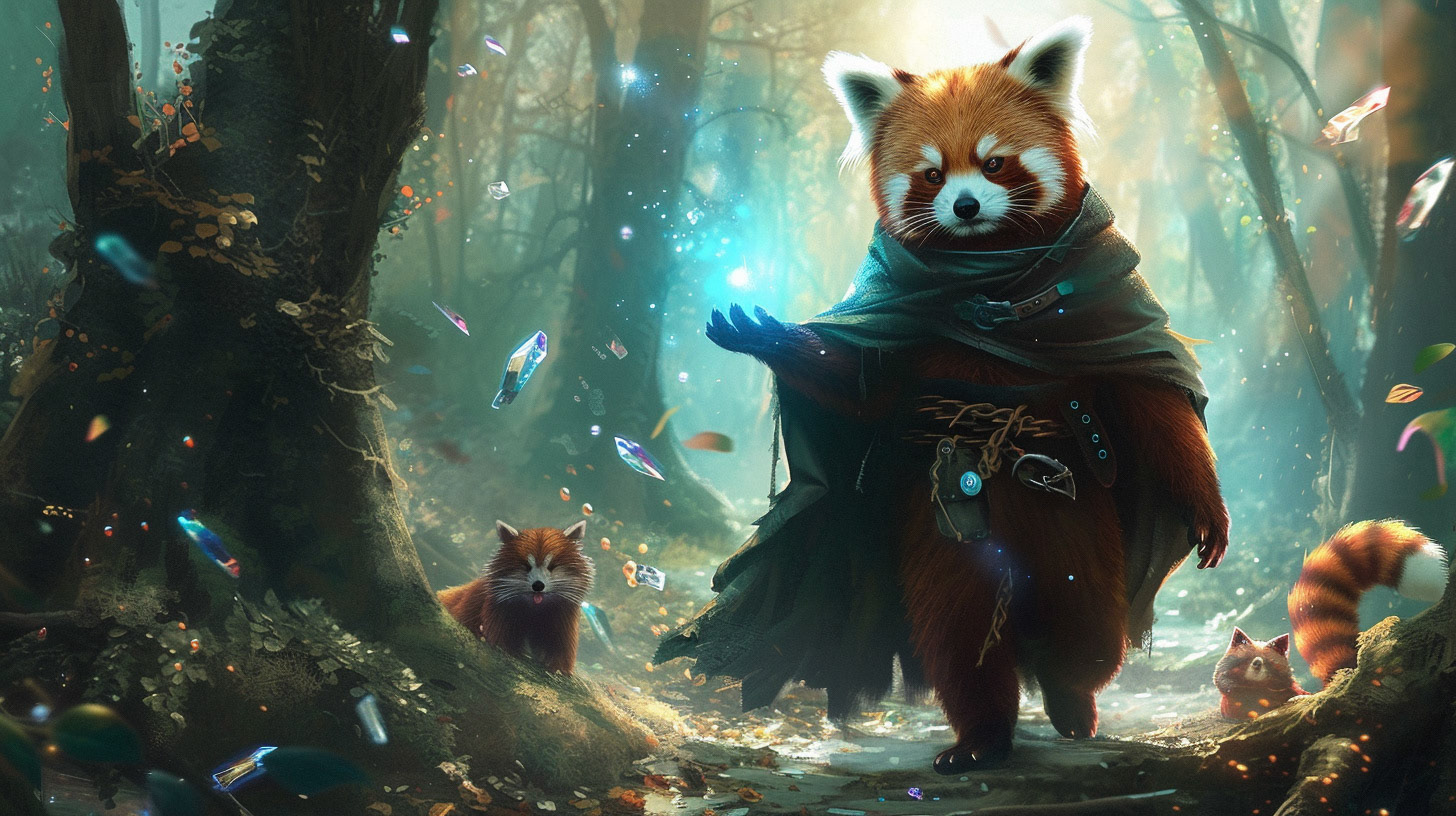 A red panda in a wizard's cloak casting spells in an enchanted forest, surrounded by magical creatures. The scene is illuminated by the mystical light of the spells, with ancient trees and floating crystals. Created Using: magical light effects, enchanted forest setting, whimsical magical creatures, detailed wizard cloak, vibrant spell colors, ancient tree textures, floating crystals, mystical and adventurous atmosphere --ar 16:9 --v 6Midjourney