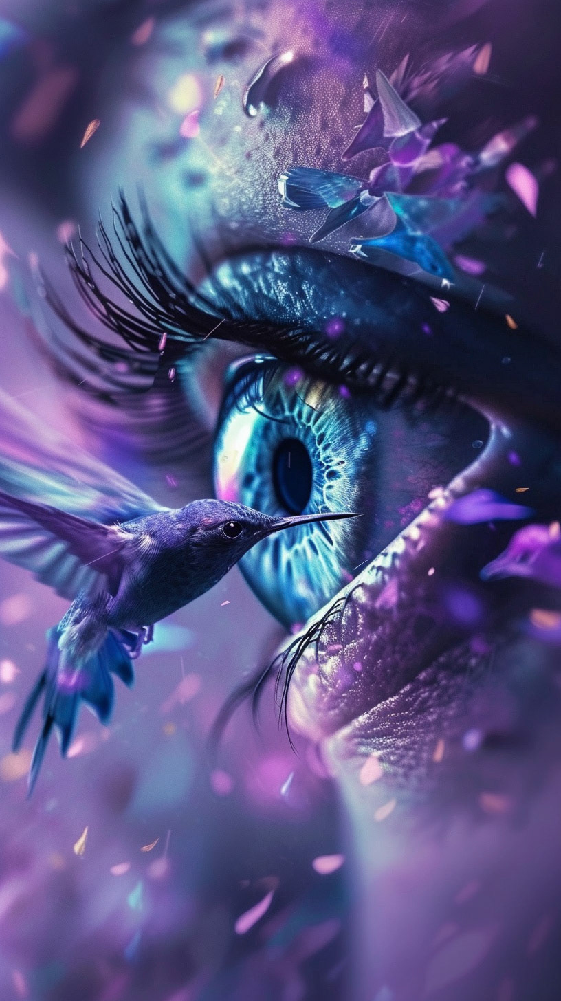 an image the eye of someone with a bird, flying in front of it, in the style of vibrant futurism, low poly, mixes realistic and fantastical elements, violet and blue, focus on joints/connections, hyper-realistic animal illustrations, uhd image --ar 9:16 --v 6 - Midjourney