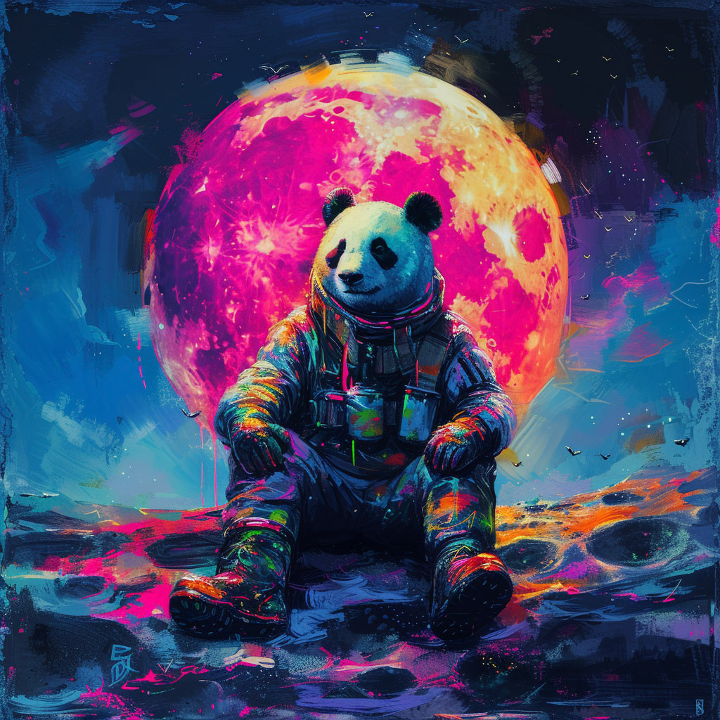a man dressed like a panda is sitting on the moon, in the style of dan mumford, cute and colorful, neon impressionism, rtx on, bright palette, characterized animals, fluid and loose --v 6Midjourney