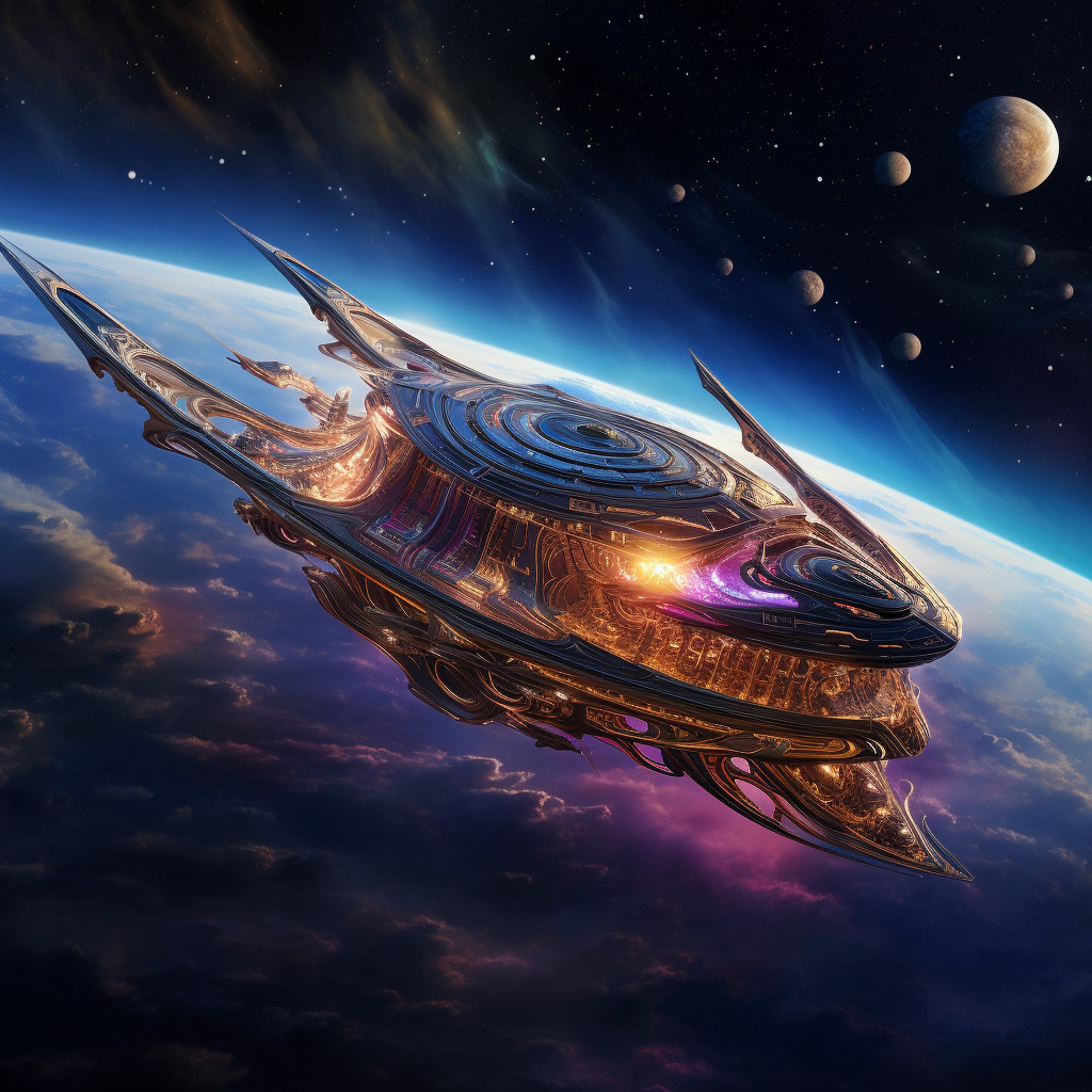 vizualize a majestic spaceship. the spaceship has sails like a solar space ship. the sails from the spaceship are grand and billowing, catching cosmic winds, backdrop of stars, planets and colorful nebulae. the athmosphere should be one of adventure and wonder, encapsulating the sprit of exploration and the majesty of space travel