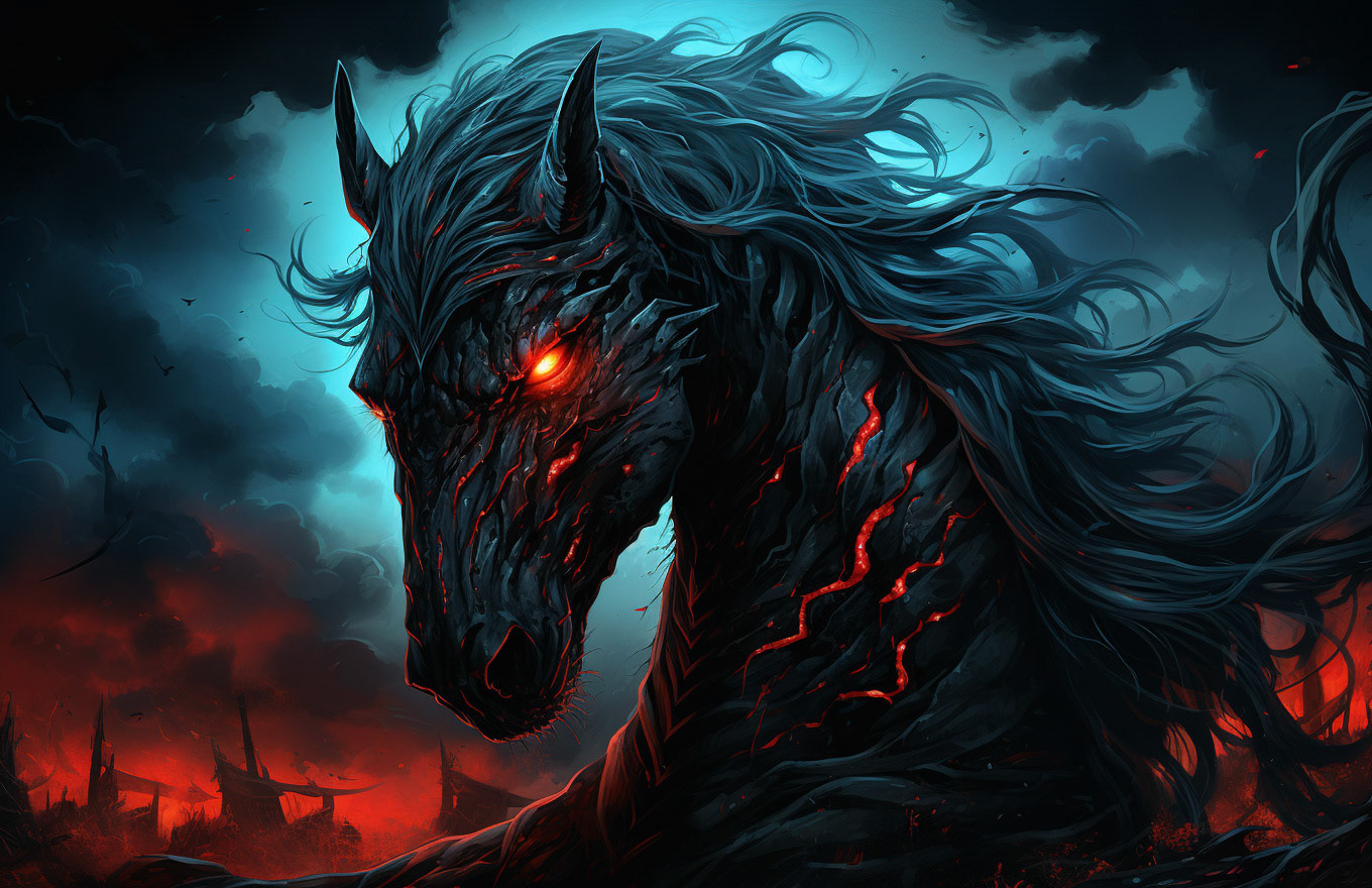hd art of a horse with fiery nostrils, in the style of dark cyan and crimson, anime art, kerem beyit, terrorwave, luminous shadowing, painted illustrations, hyper-detailed illustrations --ar 128:83 - Midjourney