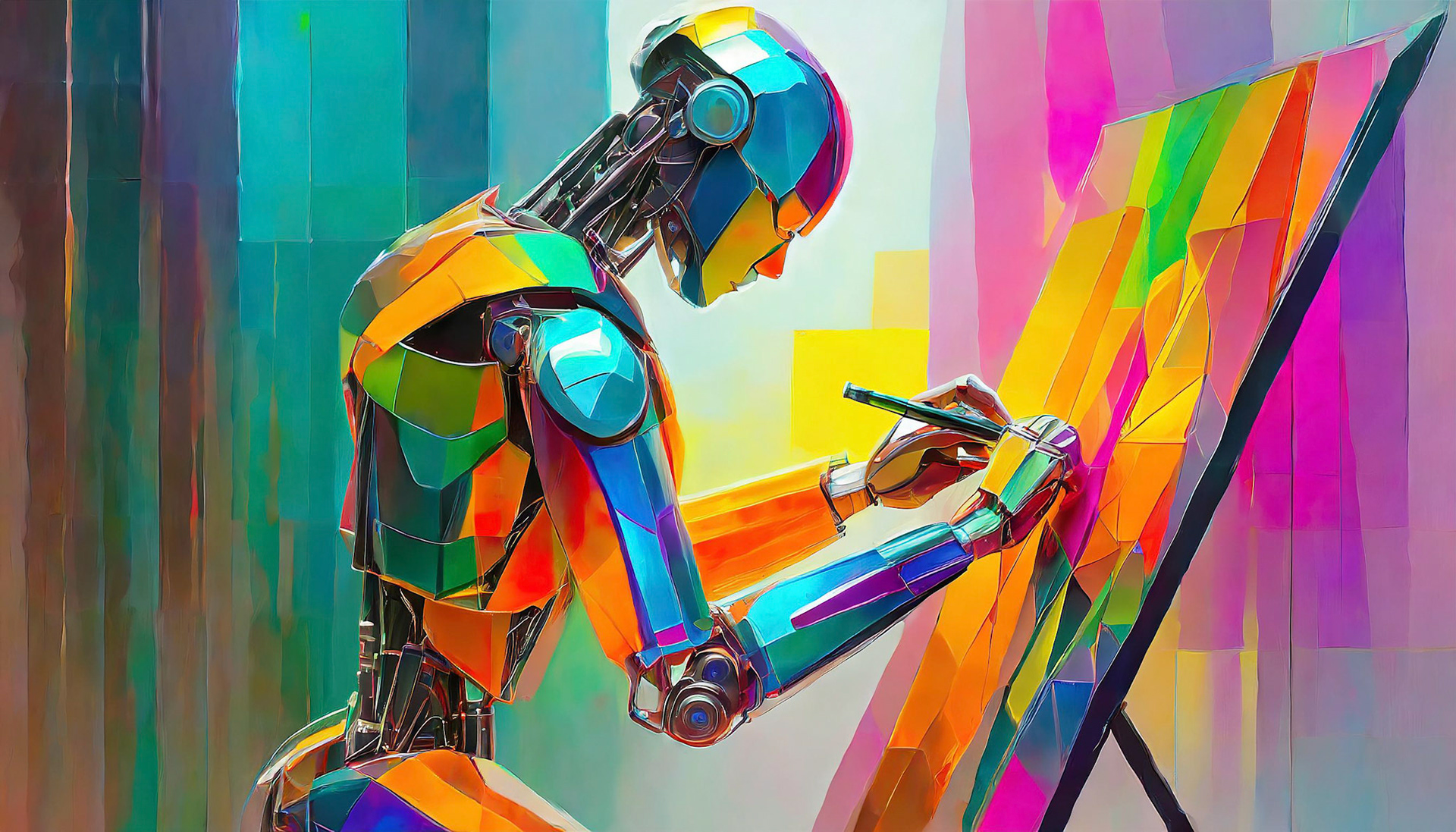 "A robot AI is creating a surreal work of art. Harmonious blend of traditional art and futuristic technology. Bright, inspiring colors and abstract shapes representing infinite creativity."