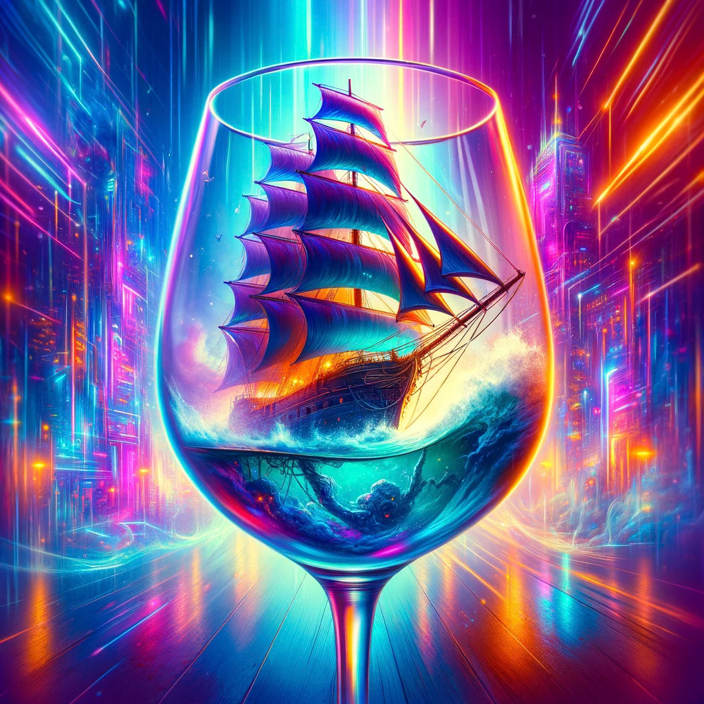 A majestic sailing ship, with its sails billowing in the wind, navigating through a turbulent storm inside a wine glass. The neon lights of a cyberpunk city in the background add a touch of futuristic fantasy to the scene.