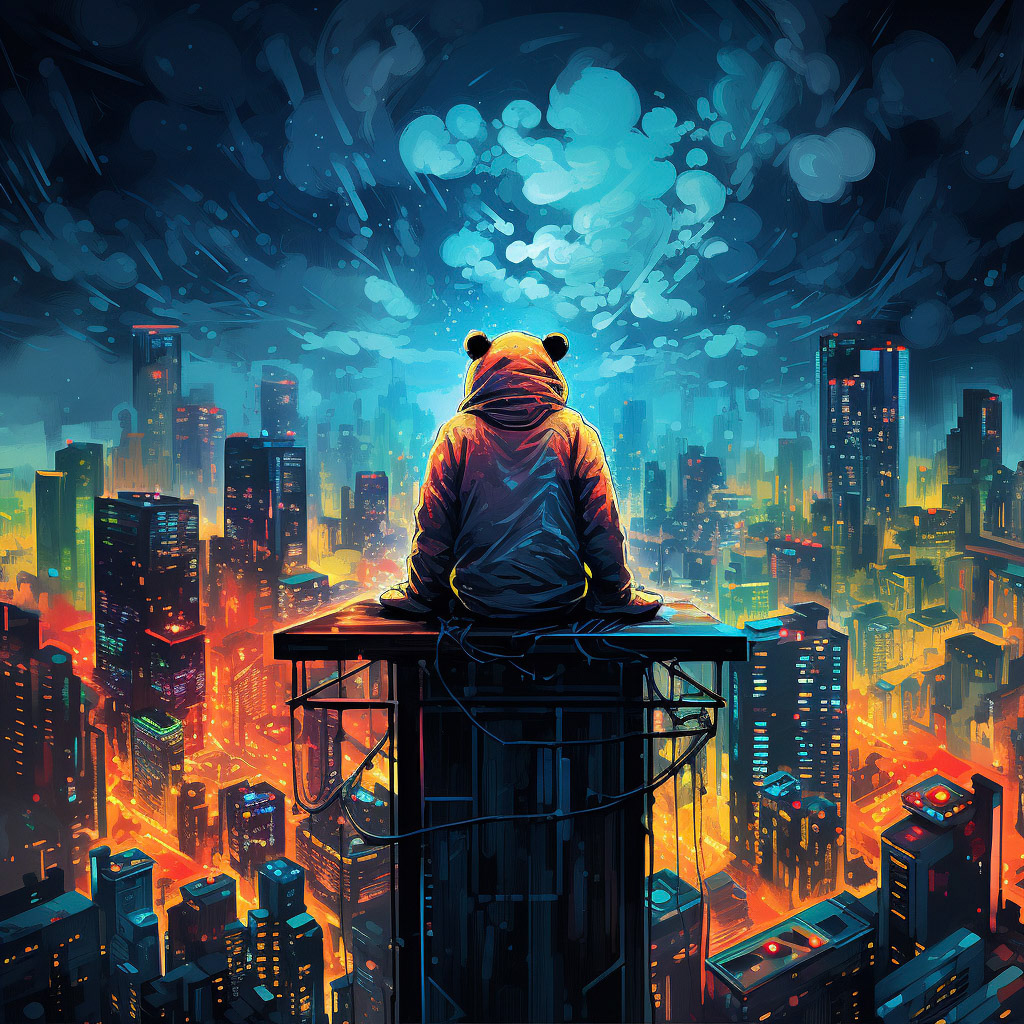 a man dressed like a panda is sitting on top of a skyscraper, in the style of dan mumford, cute and colorful, neon impressionism, rtx on, bright palette, characterized animals, fluid and loose --ar 9:16 Midjourney