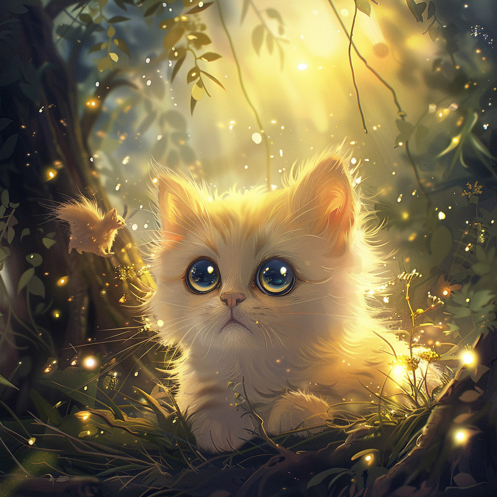 A cute white kitten in the forest, with big eyes and long eyelashes. The background is a glowing magical fantasy world. Job ID: 3ba72c3f-6920-4ff4-8f1b-31c96ad777fa