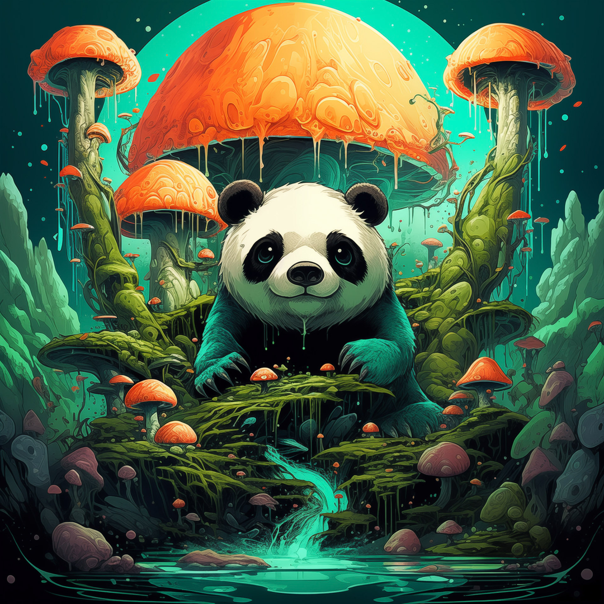the panda with mushrooms on him sitting in a bright green t shirt, in the style of colorful abstract landscapes, dark cyan and orange, 2d game art, sublime wilderness, melting, highly detailed illustrations, lowbrow