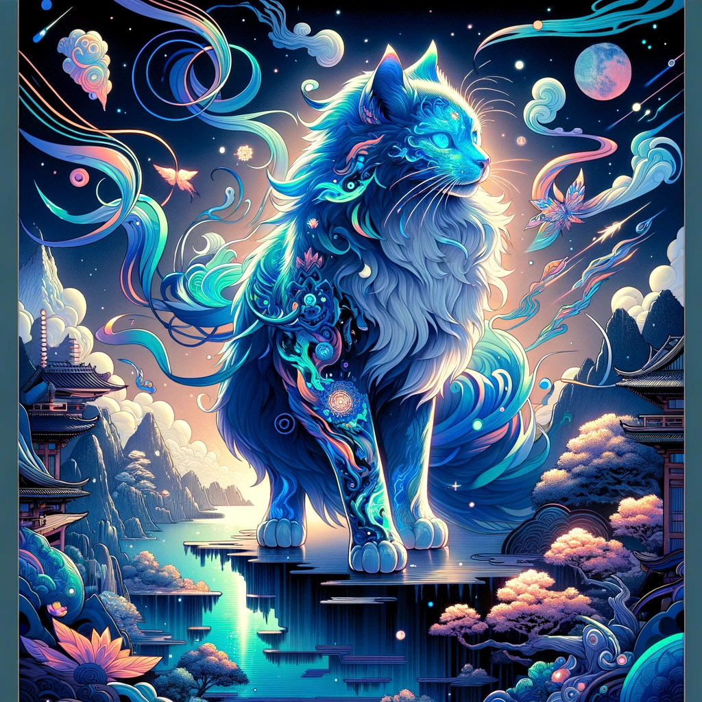 "A majestic cat with neon blue fur, adorned with floating elements, stands tall in a mystical landscape. The surreal style of this illustration recalls the intricate details of a ukiyo-e print, with vibrant colors and dynamic angles giving it a modern anime twist."
