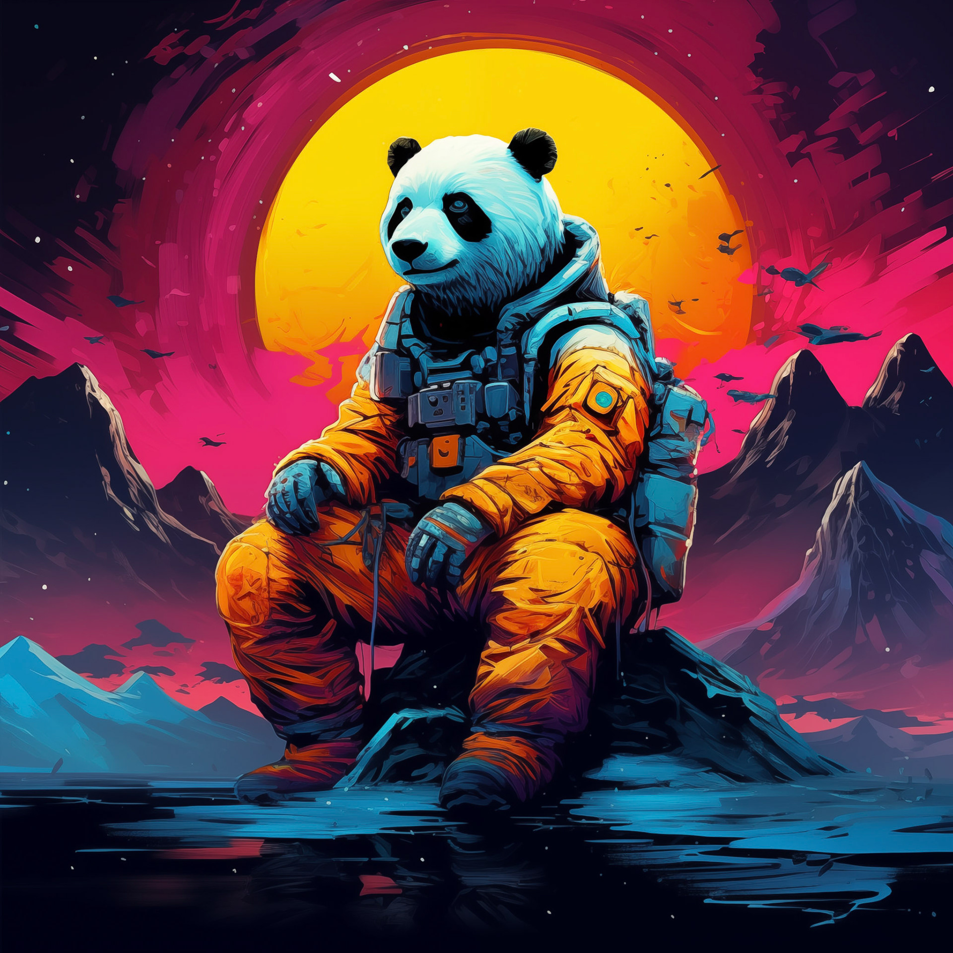 a man dressed like a panda is sitting on the moon, in the style of dan mumford, cute and colorful, neon impressionism, rtx on, bright palette, characterized animals, fluid and looseMidjourney