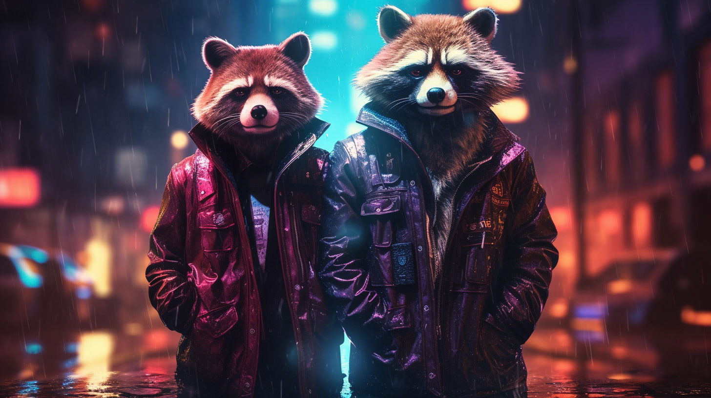A red panda dressed as a detective, wandering the neon-lit streets of a futuristic city. The scene blends elements of noir with cyberpunk aesthetics, featuring reflective rain-soaked pavements and towering holograms. Created Using: neon glow, cyberpunk cityscape, noir-inspired detective attire, reflective surfaces, nighttime ambiance, vibrant color contrasts, dynamic urban environment, playful character in a serious setting --ar 16:9Midjourney
