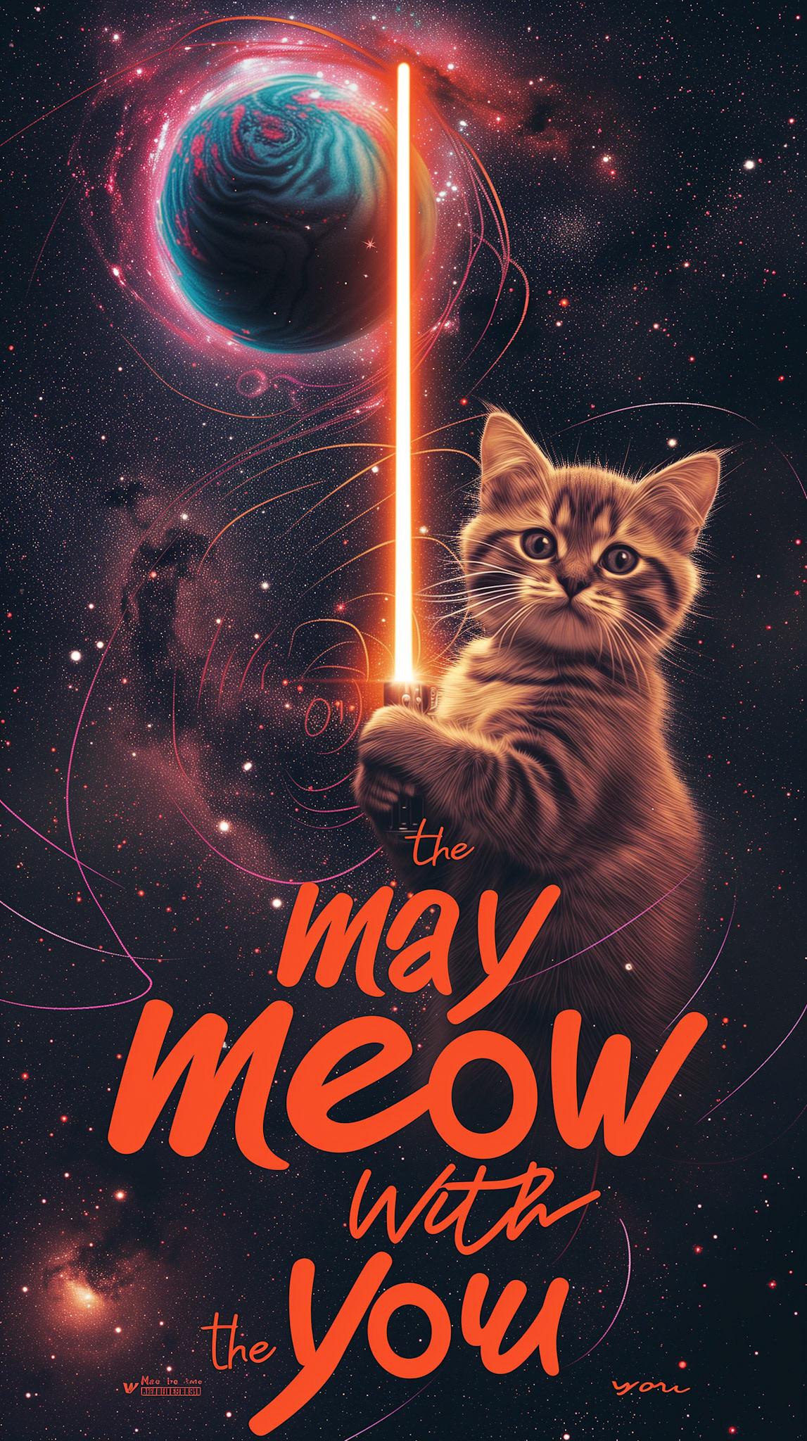 star wars cats style, jedi cats, holding orange light sword, space backgrund with nebula, highly detailed curling swirls, glowing colours with typography text "may the meow with you", typography, 3d render,
