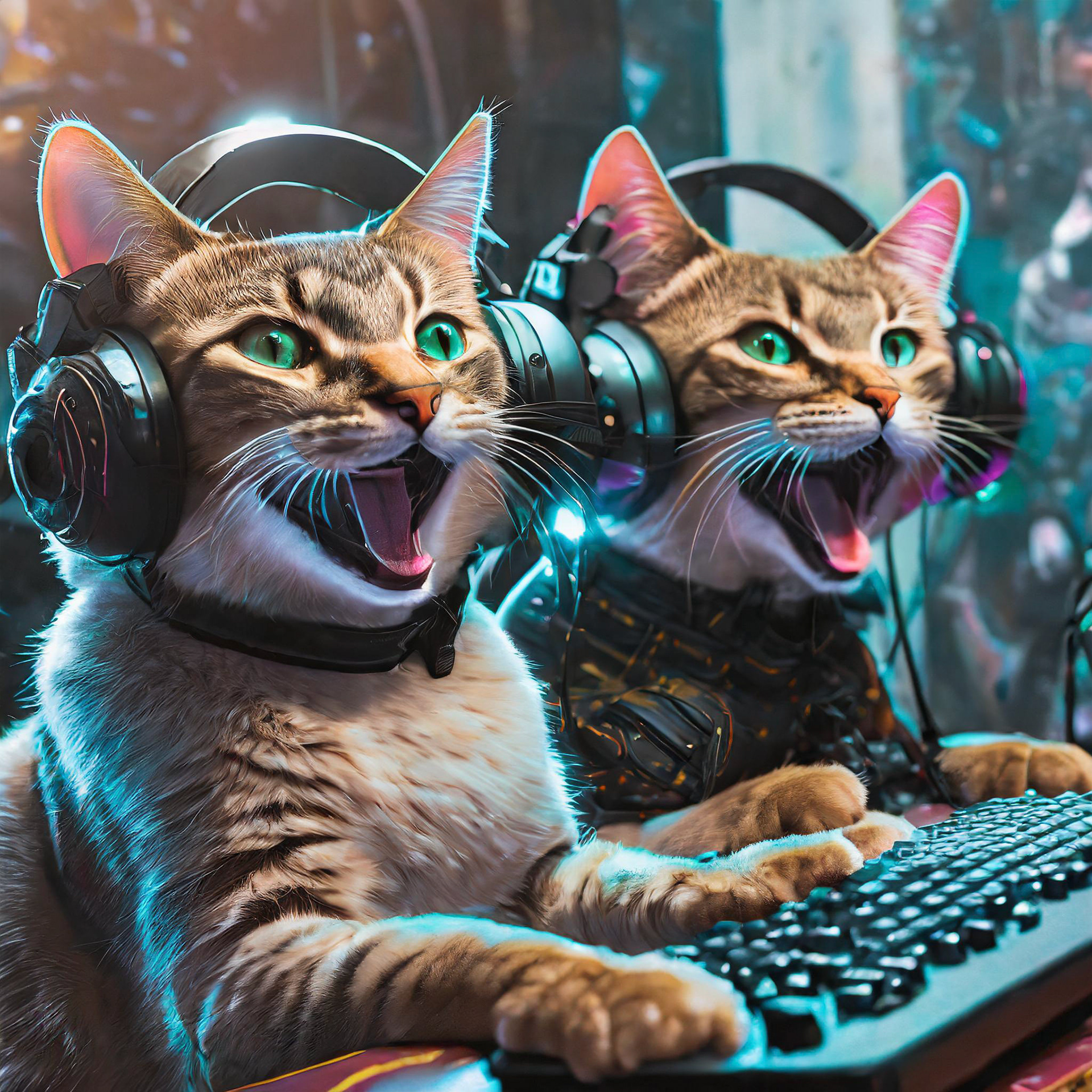 "cats playing a multiplayer game. They are laughing maniacally, wearing oversized gaming headsets, and one cat lens back with a big grin while playfully pressing button."