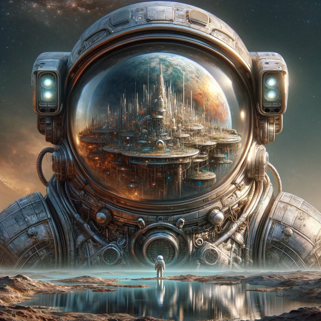 A massive astronaut helmet in the foreground, reflecting a star-studded cosmos, encases a tiny, detailed city showcasing a fascinating blend of futuristic and ancient architecture