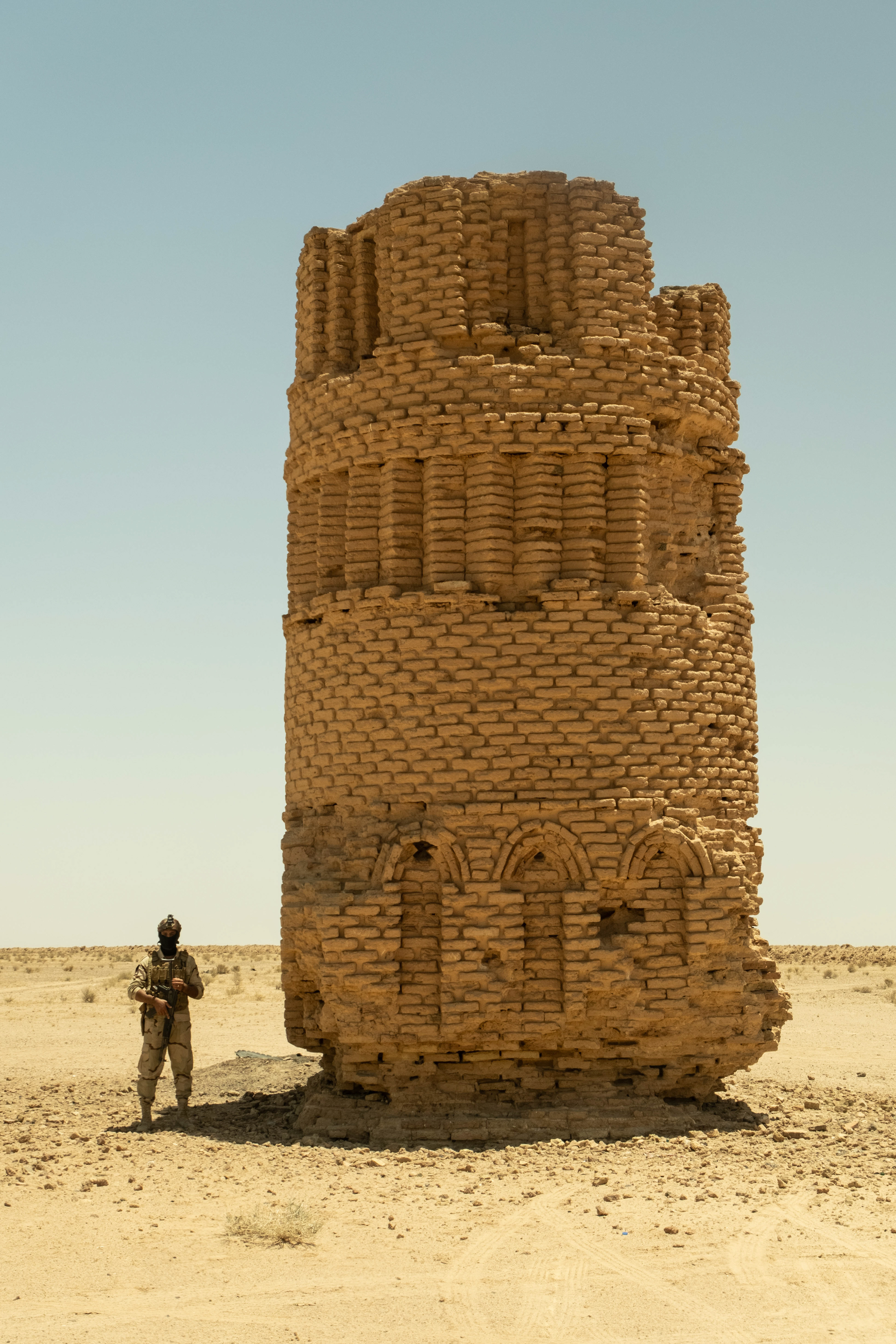 Soldier guarding a historical monument in a military zone near Karbala, Iraq