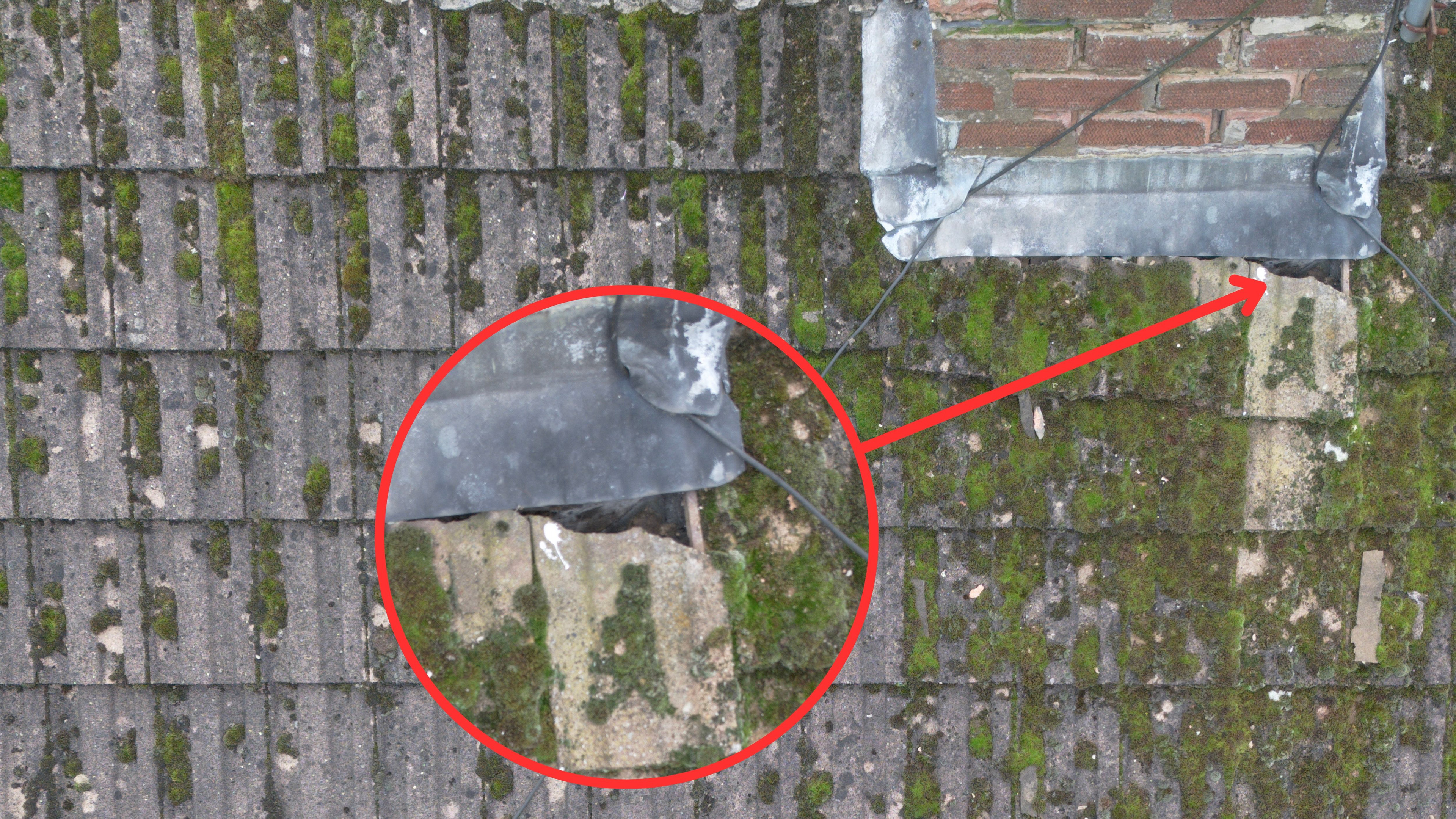 Showing the damage found on one roof, that the owner was completely unaware of. The entire line of tiles has shifted down, exposing roofing space to the elements.