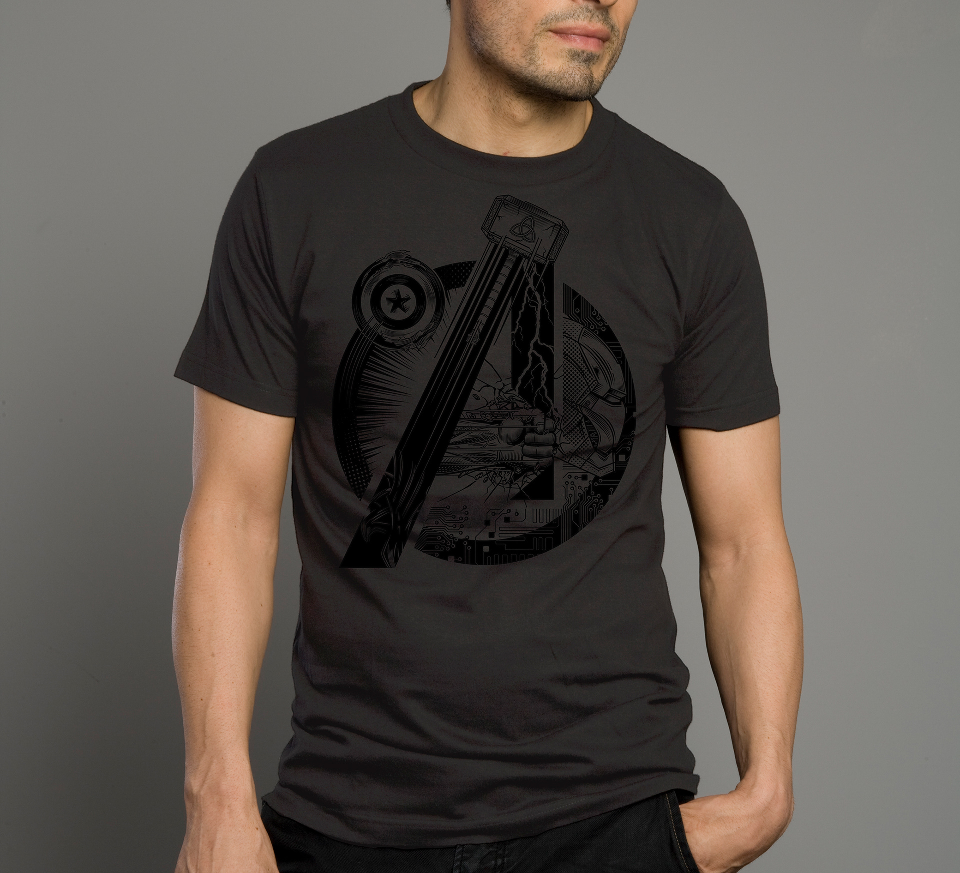 Avengers vector illustration for apparel art com in situ missioned by radio velvet depicting Captain america shield, thor's hammer Mjolnir and Thor's helmet, Hulk's fist, Iron man armor suit and technology