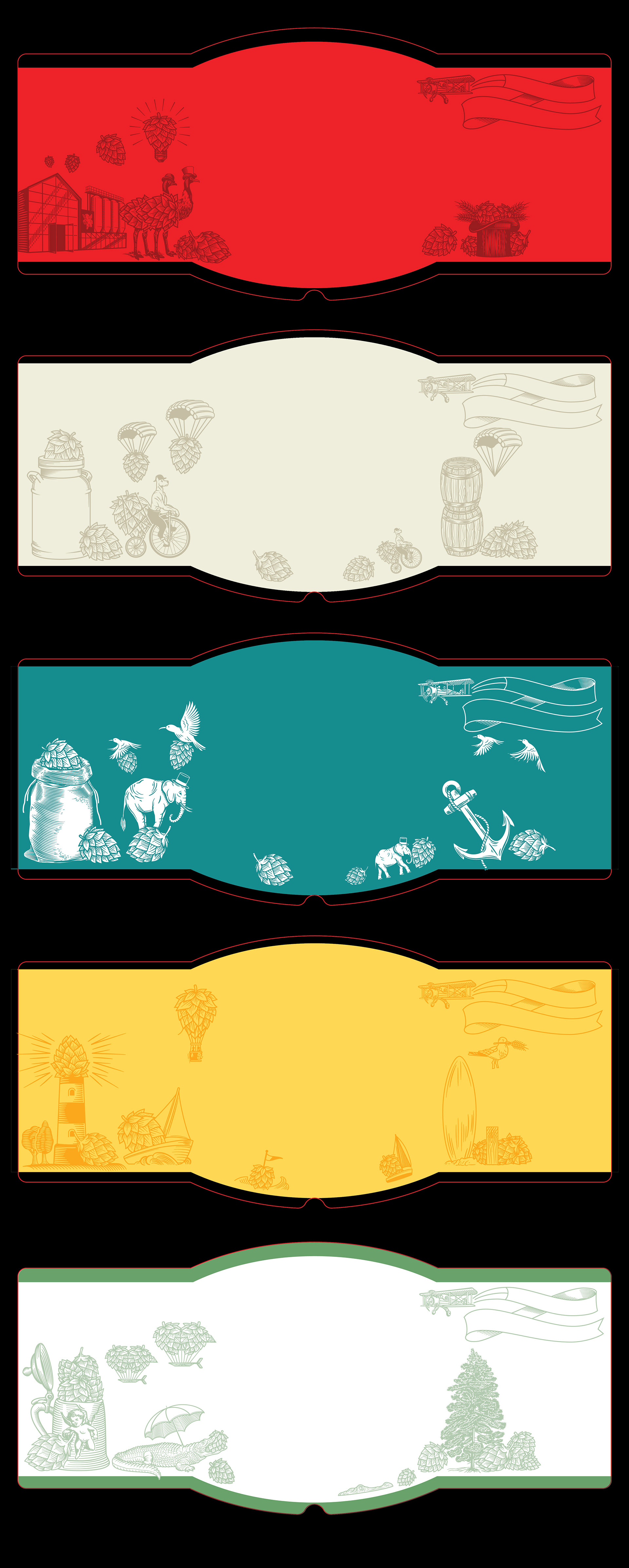 beer label vector illustration vintage hops etching penny farthing dogs propeller plane elephant anchor lighthouse hot air balloon sail ship aligator