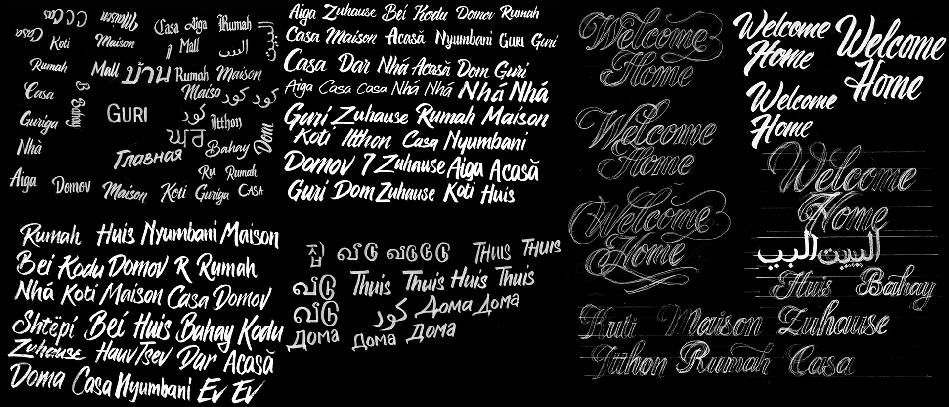 developmental sketches word home multi language multi lingual brush script hand lettering pencil marker australia