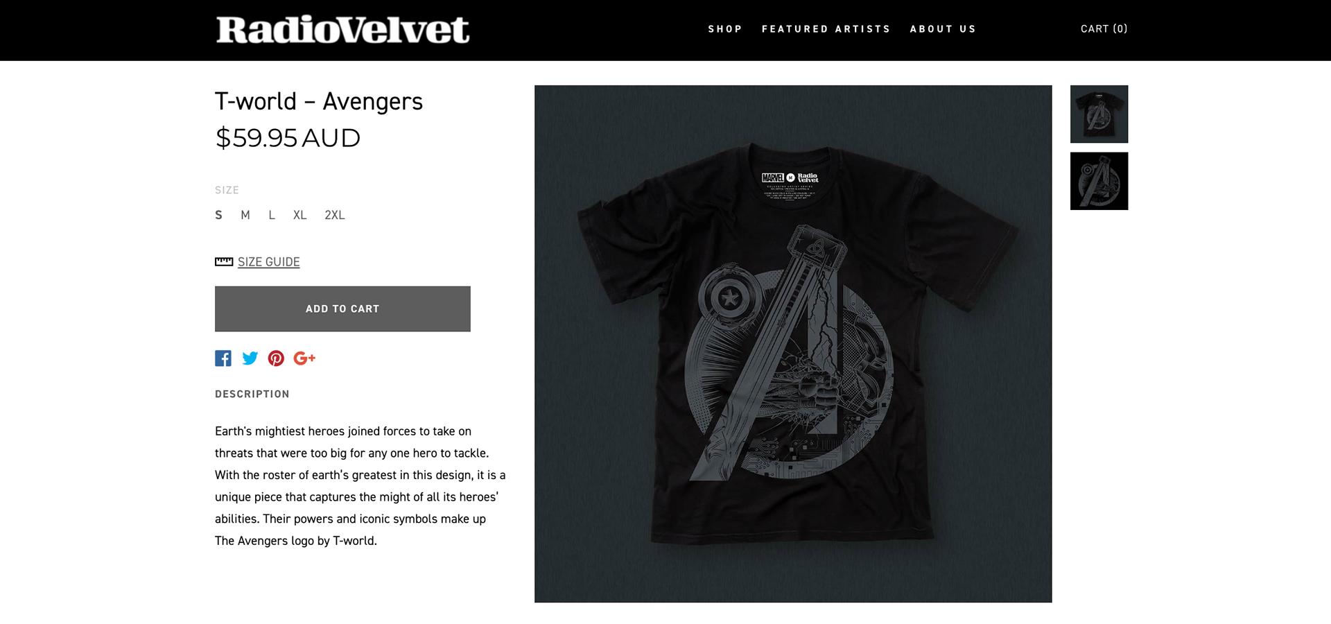 Official Avengers apparel art for Radio Velvet with the logo made up of Iron man, thor, hulk, and captain america's weapons and powers