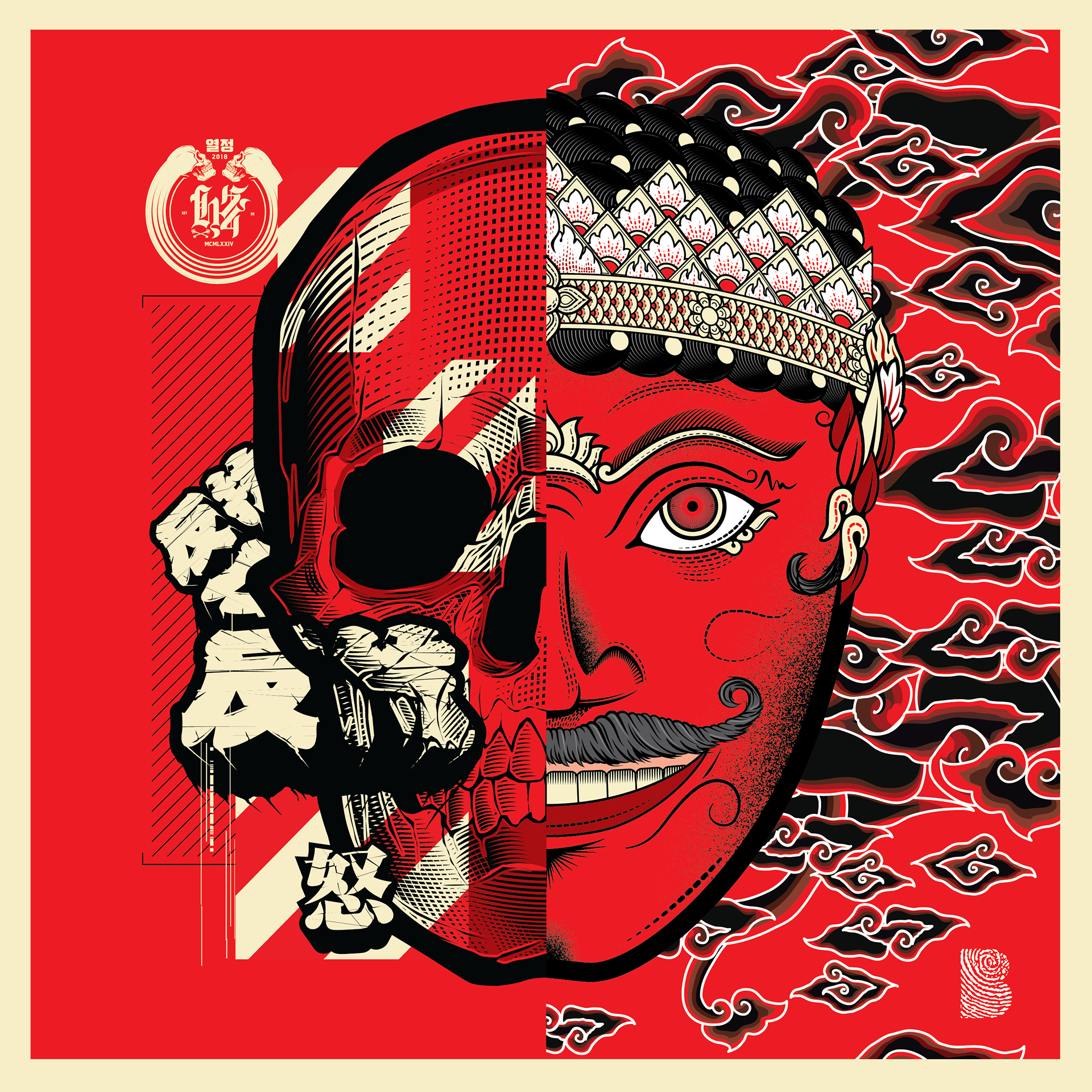 hydro74 collaboration vector illustration skull tari topeng mega mendung batik indonesia
