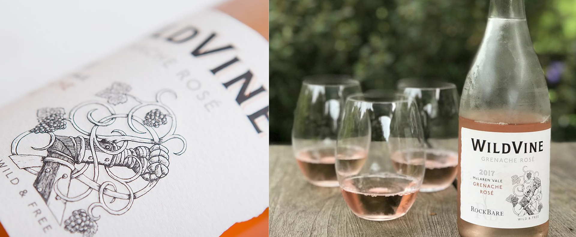 wild vine grenache rosé label mclaren vale rock bare pencil illustration emboss alcohol beverage packaging
