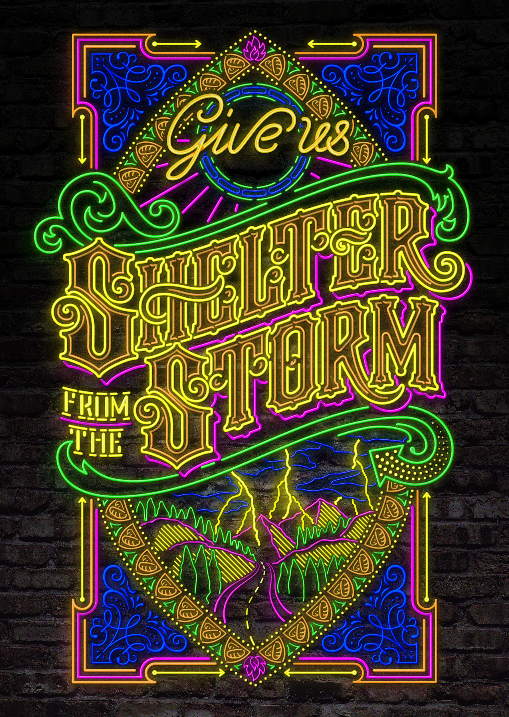 Neon light lettering poster vector art shelter homeless fundraising