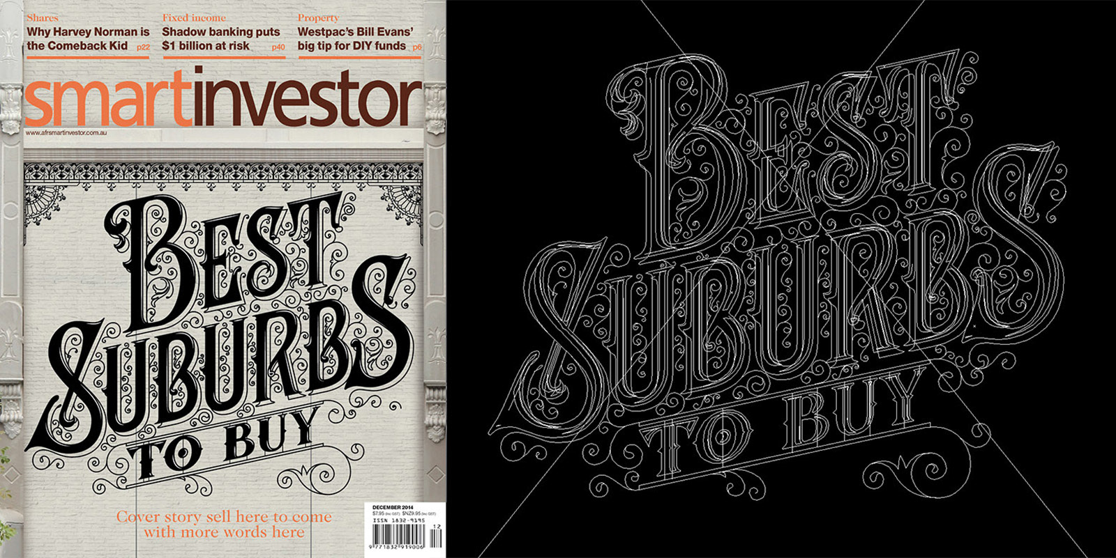 smart investor magazine cover vector lettering typography type lock up iron latticework wireframe vintage type