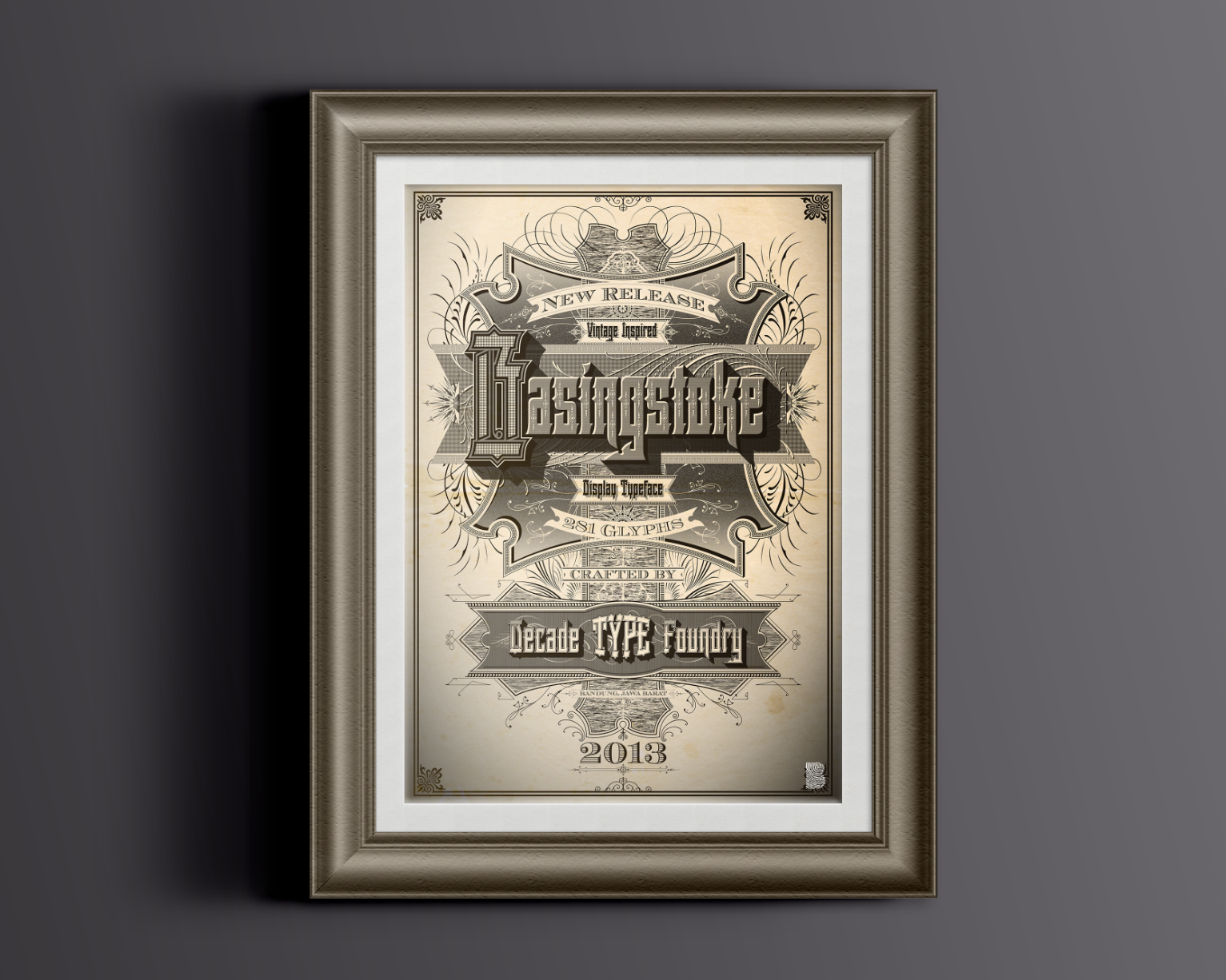 basingstoke poster vector illustration lettering vintage typography flourishes calligraphy ornamental font design frame