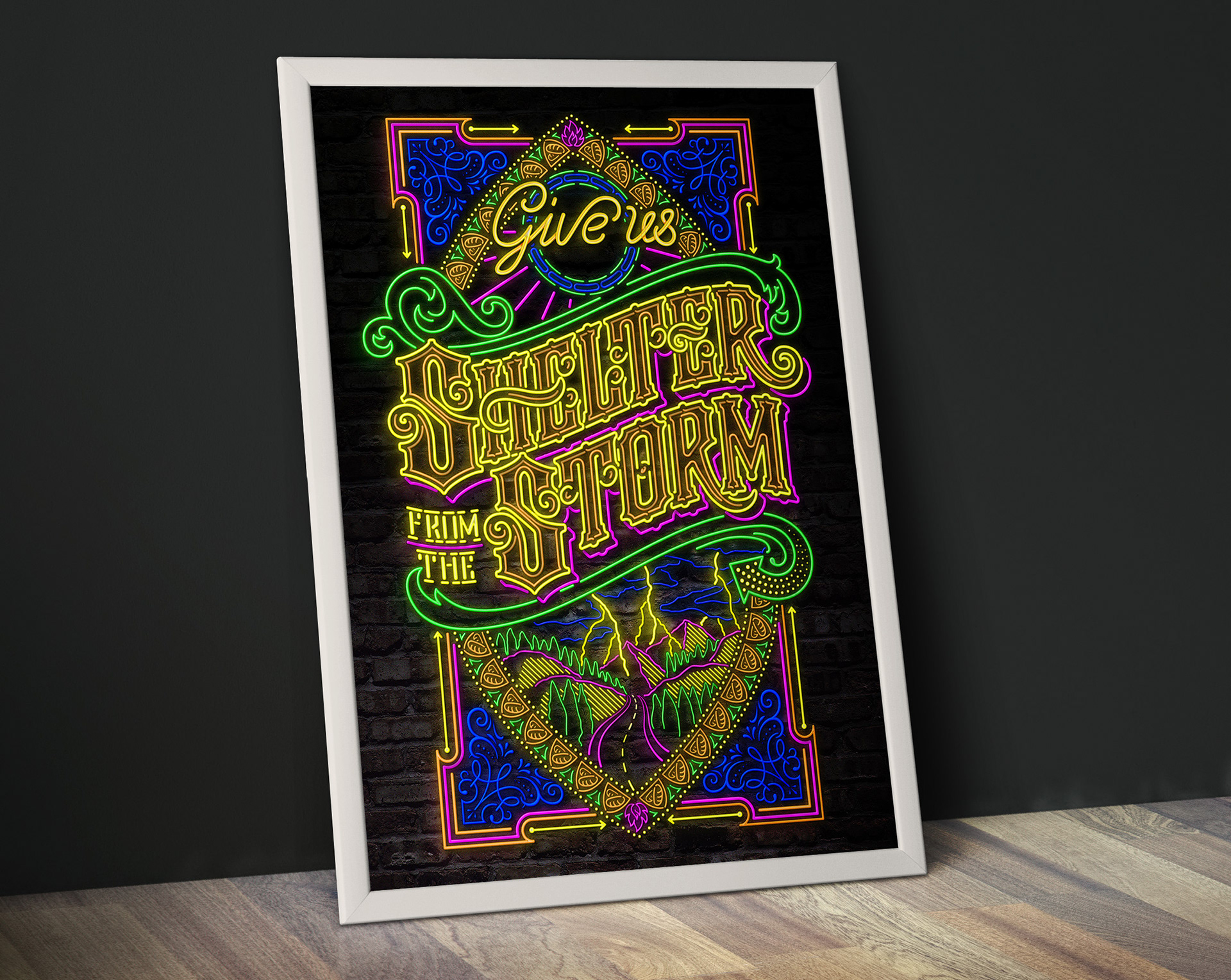 poster art group exhibition shelter from the storm neon light lettering