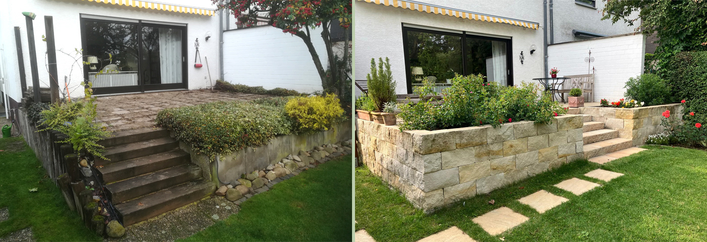 Terrasse, Mauer, Treppe und Weg