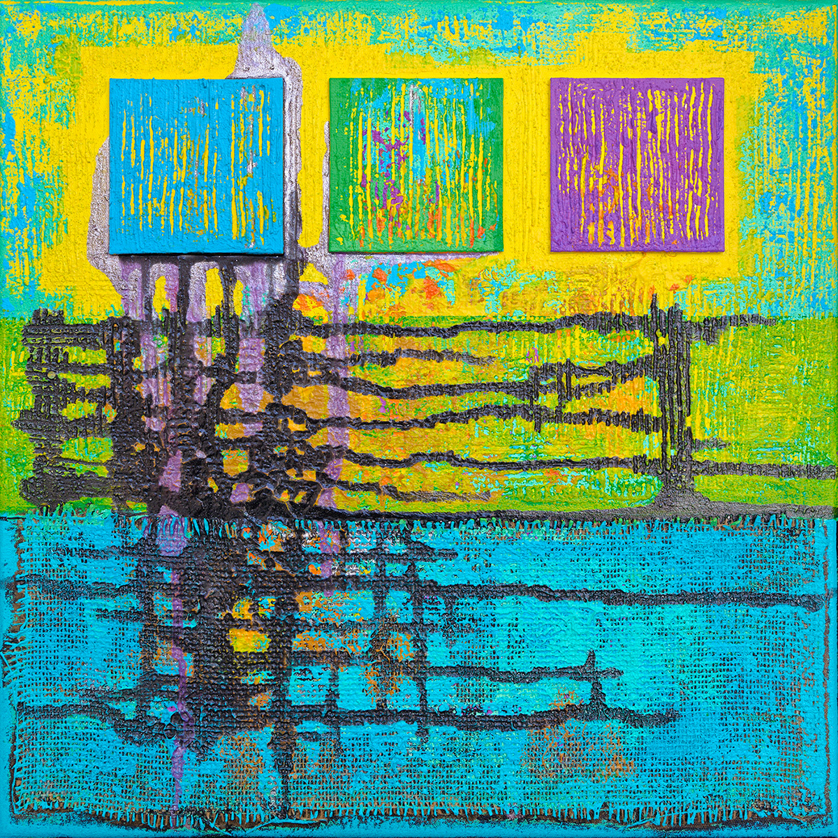 Struttura cromatica 07, acrylique, sable, toile de jute, cartons toilés et pigments métalliques sur toile, 50x50 cm.
